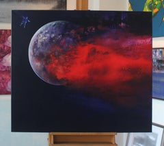 Cosmos II - XXI Century, Oil figurative painting, Space, Cosmonaut, Bright red