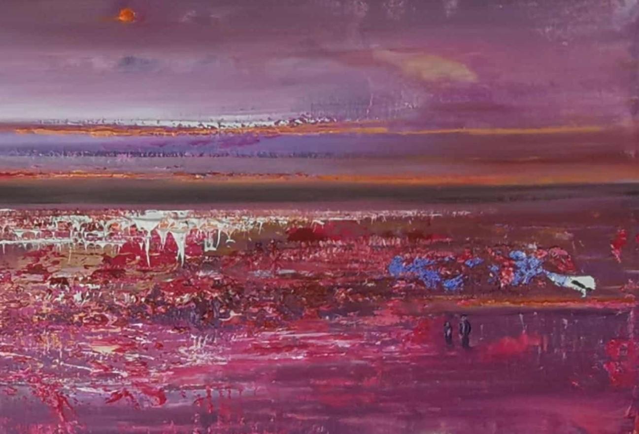 Ende des Sommers. Zeitgenössische Öl-Landschaftsmalerei, polnischer Künstler (Grau), Landscape Painting, von Barbara Hubert