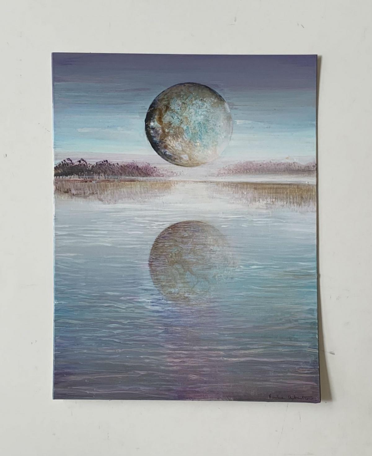 Contemporary figurative acrylic on cardboard painting by Polish artist Barbara Hubert. Painting depicts landscape or rather waterscape with full moon reflecting in the water. Colors are soft, pastel blues and violets. Artwork is signed on the right