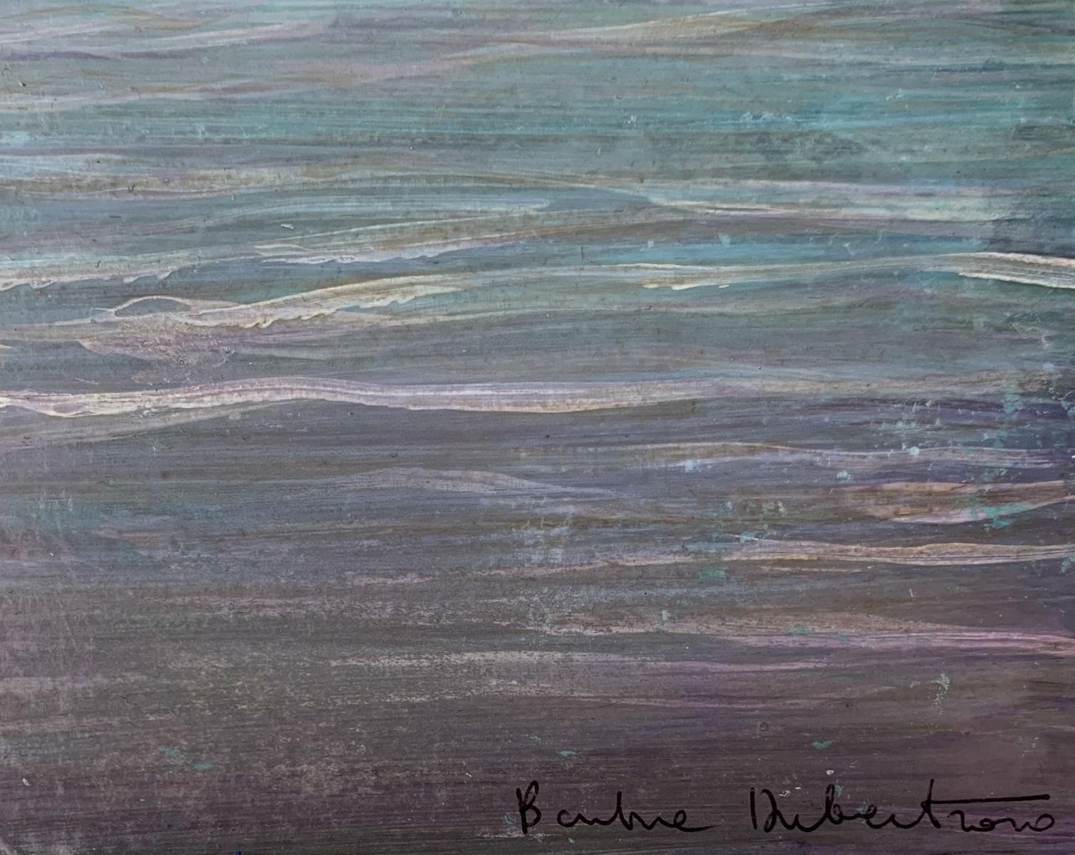 Peinture figurative contemporaine à l'acrylique sur carton de l'artiste polonaise Barbara Hubert. La peinture représente un paysage ou plutôt un paysage aquatique avec la pleine lune se reflétant dans l'eau. Les couleurs sont douces, pastel, bleues