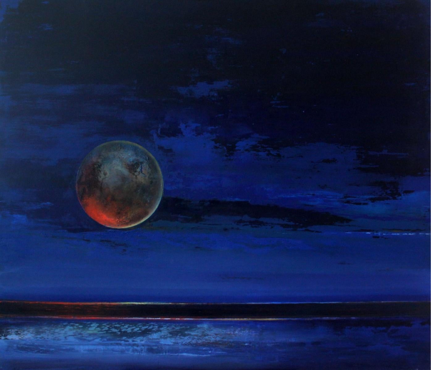 Barbara Hubert Landscape Painting - Full Moon - XXI Century, Oil figurative painting, Blue, Space