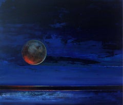 Full Moon - XXI Century, Oil figurative painting, Blue, Space