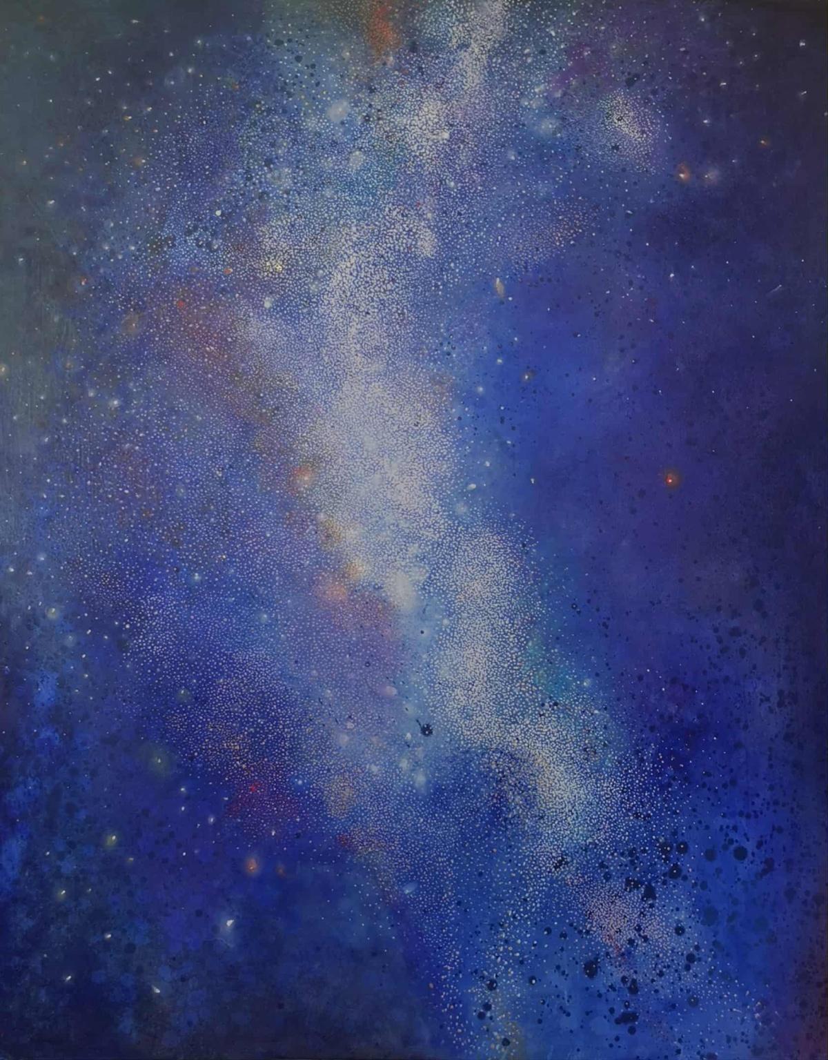 Galaxie 1. Zeitgenössische abstrakte Landschaftsmalerei in Öl, polnischer Künstler