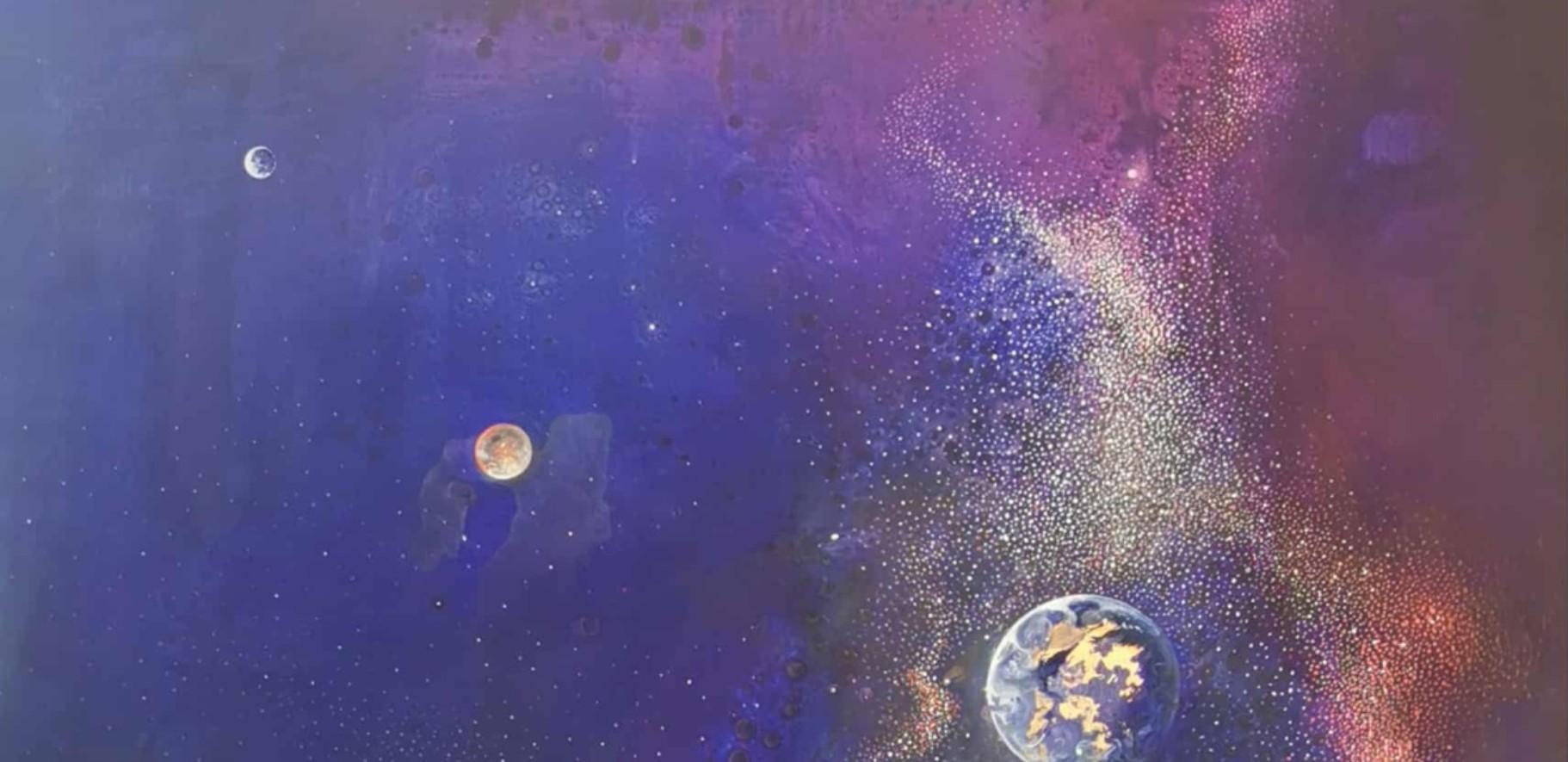 Galaxie 2. Peinture abstraite contemporaine de paysage à l'huile, artiste polonais - Gris Landscape Painting par Barbara Hubert