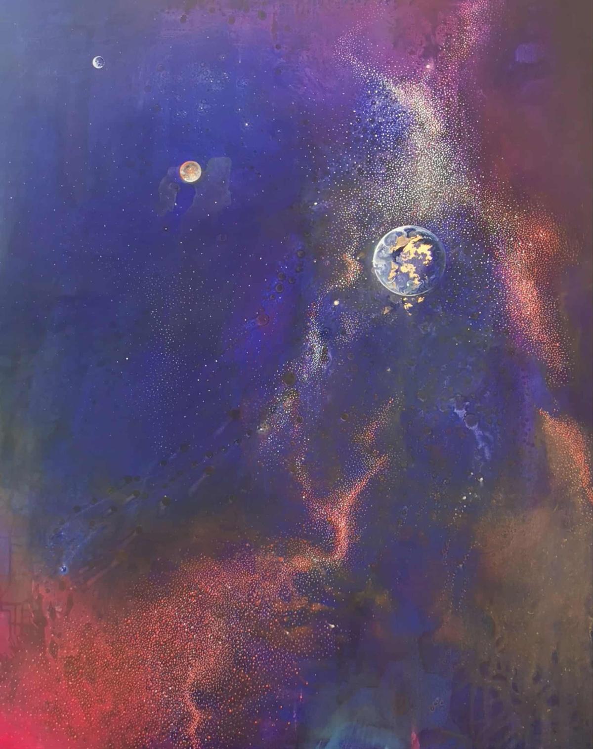 Galaxie 2. Zeitgenössische abstrakte Landschaftsmalerei in Öl, polnischer Künstler