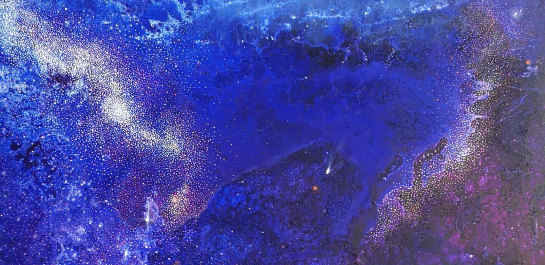 Galaxie 5. Zeitgenössische abstrakte Landschaftsmalerei in Öl, polnischer Künstler (Violett), Landscape Painting, von Barbara Hubert