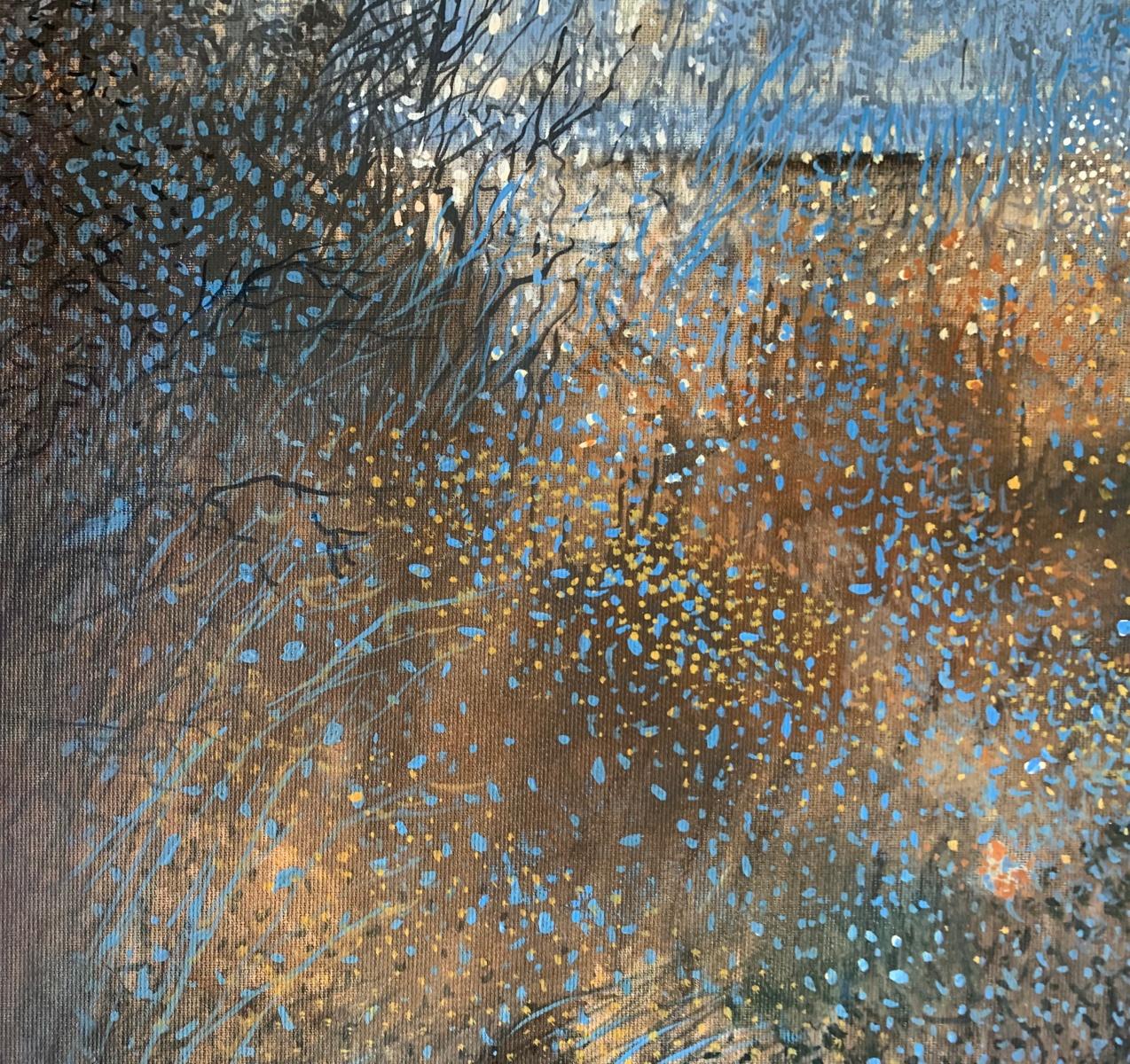 Paesaggio figurativo contemporaneo olio su tela di grandi dimensioni dell'artista polacca Barbara Hubert. Il dipinto raffigura la luna piena sul fiume con un orizzonte piuttosto luminoso. L'opera d'arte è parzialmente testurizzata. Il colore