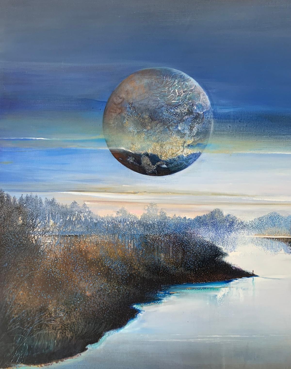 Ladscape con la Luna. Pittura a olio contemporanea, Grande scala, artista polacco 1