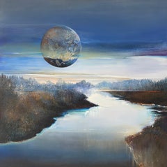 Paysage de lune avec la lune. Peinture à l'huile contemporaine, grande échelle, artiste polonais