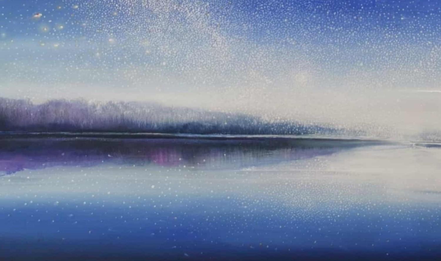 Nacht der Sternschnuppen. Zeitgenössische Öl-Landschaftsmalerei, polnischer Künstler (Violett), Landscape Painting, von Barbara Hubert