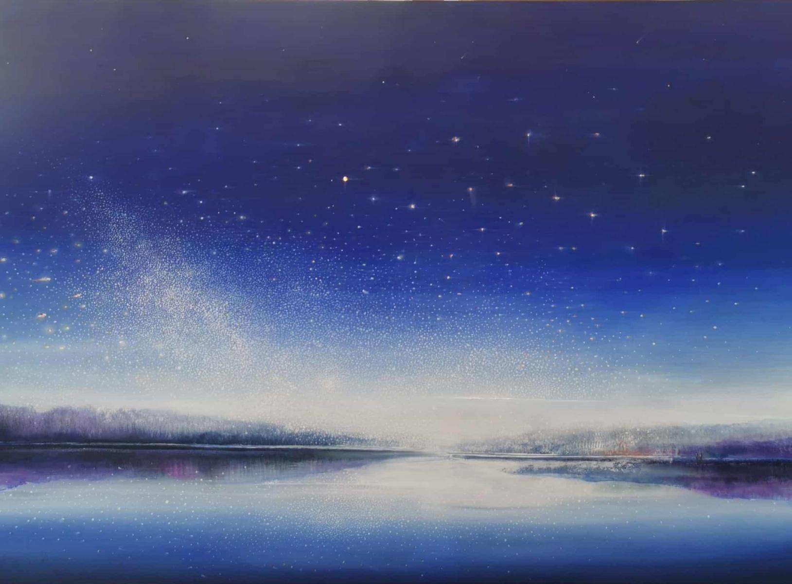 Nacht der Sternschnuppen. Zeitgenössische Öl-Landschaftsmalerei, polnischer Künstler