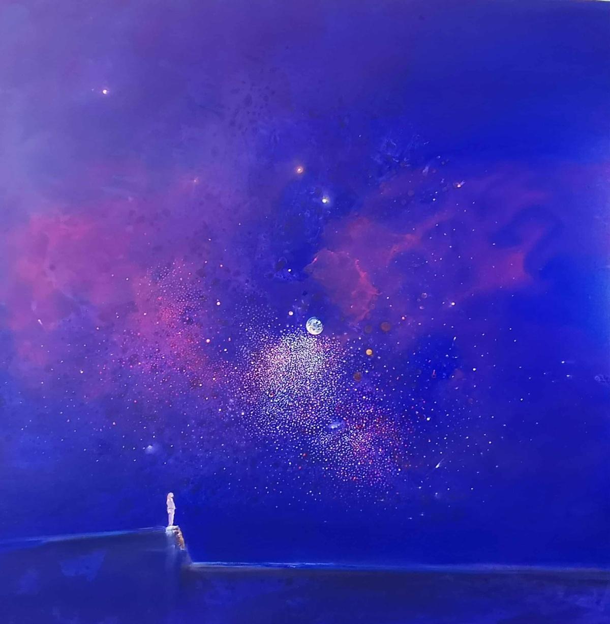 Sternenhafte Nacht 2. Zeitgenössische abstrakte Landschaftsmalerei in Öl, polnischer Künstler