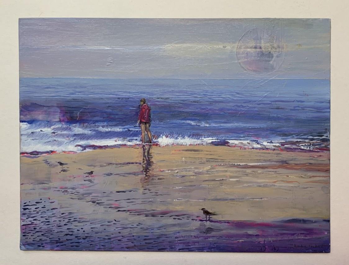 La plage - Peinture contemporaine à l'acrylique sur carton, paysage, art polonais - Painting de Barbara Hubert