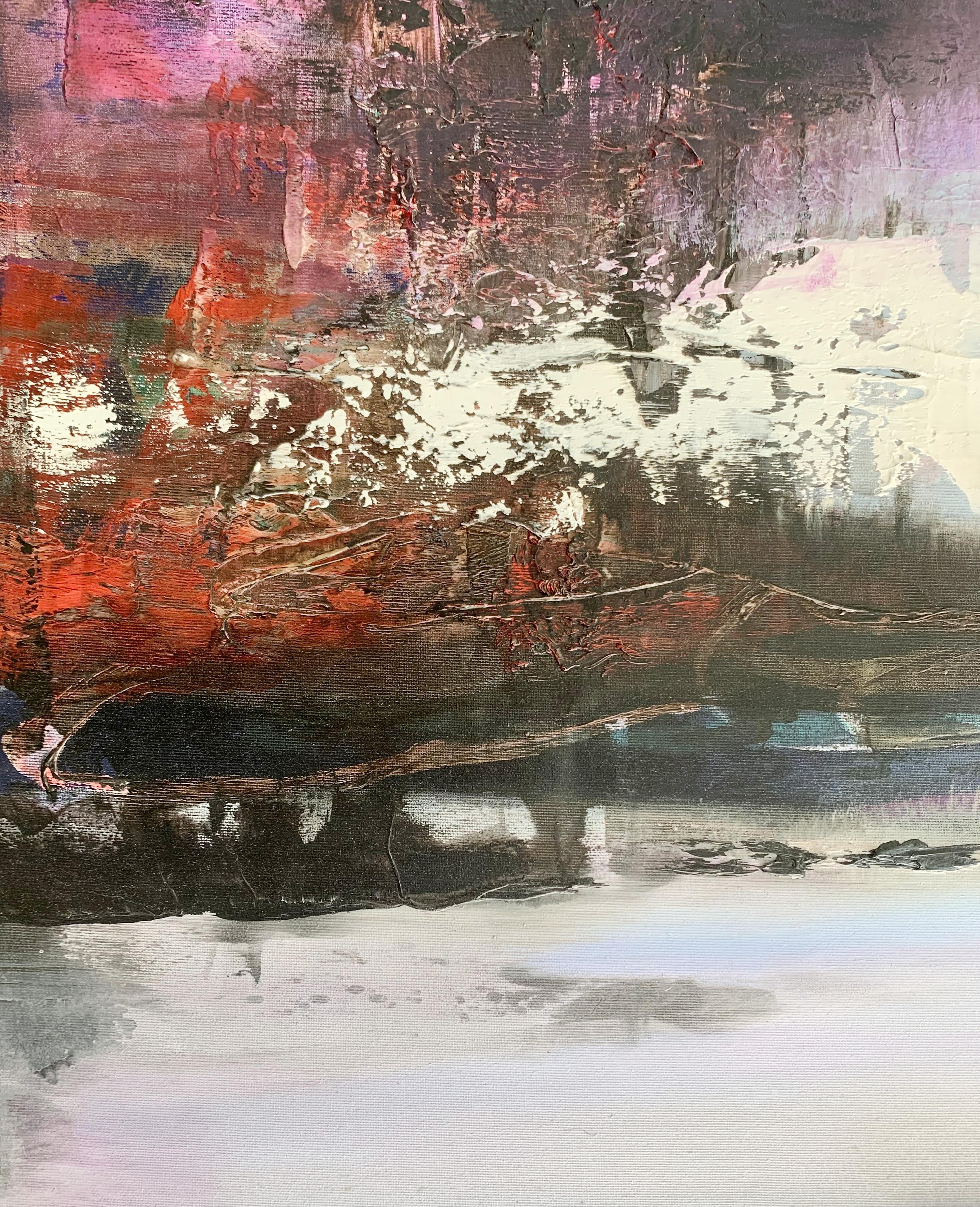 The Dawn. Peinture abstraite contemporaine de paysage à l'huile, artiste polonais - Gris Landscape Painting par Barbara Hubert