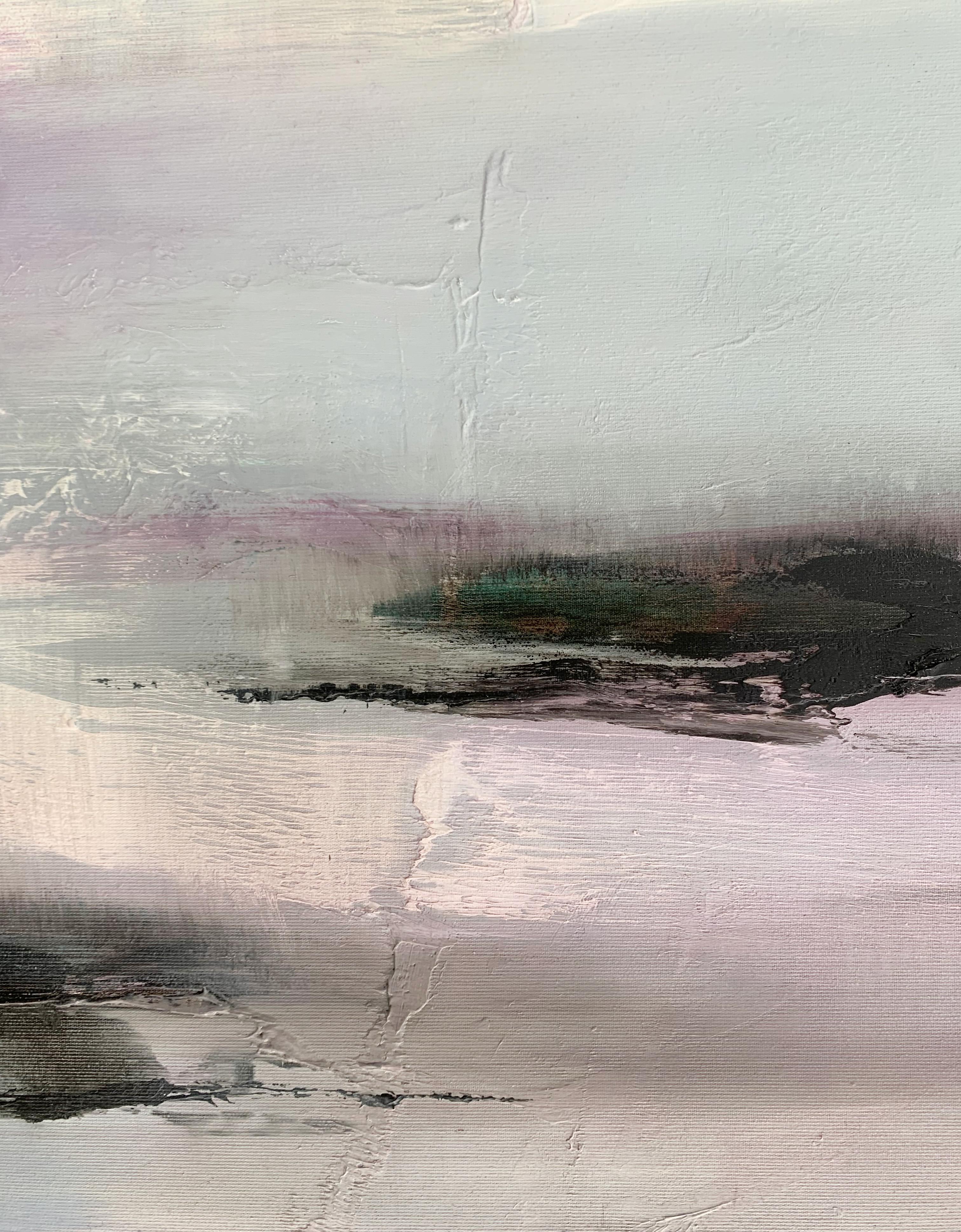 Peinture figurative contemporaine à l'huile sur toile de l'artiste polonaise Barbara Hubert. L'œuvre d'art représente un paysage ou même un paysage aquatique peint de manière abstraite. Il présente des couleurs subtiles et des couleurs vives.