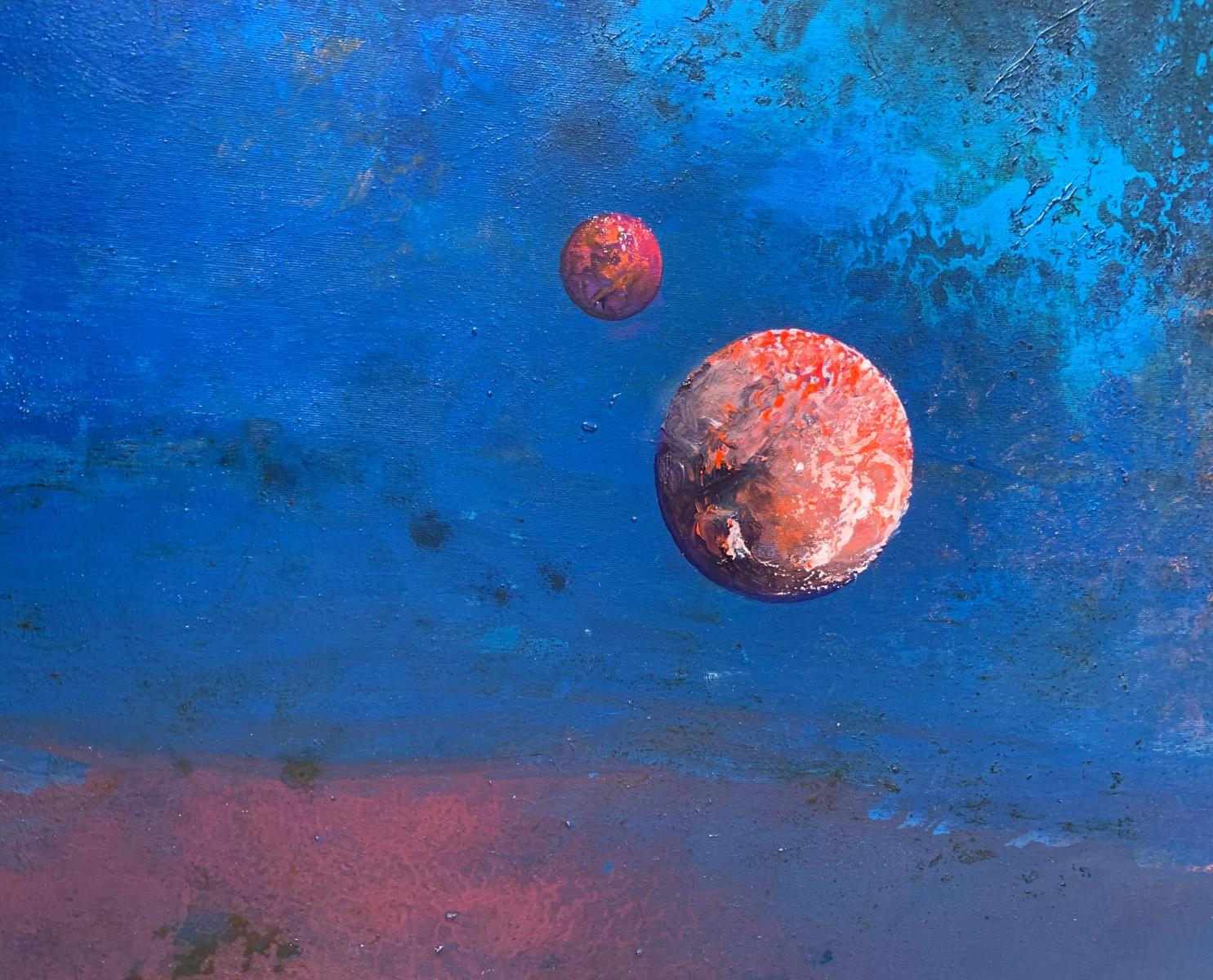 Contemporary acrylic on canvas figurative painting by Polish artist Barbara Hubert. Painting is in dark colors, it's mostly blue/navy blue. There is a little bit of texture. The planets look like they are illuminating. 

BARBARA HUBERT (born in