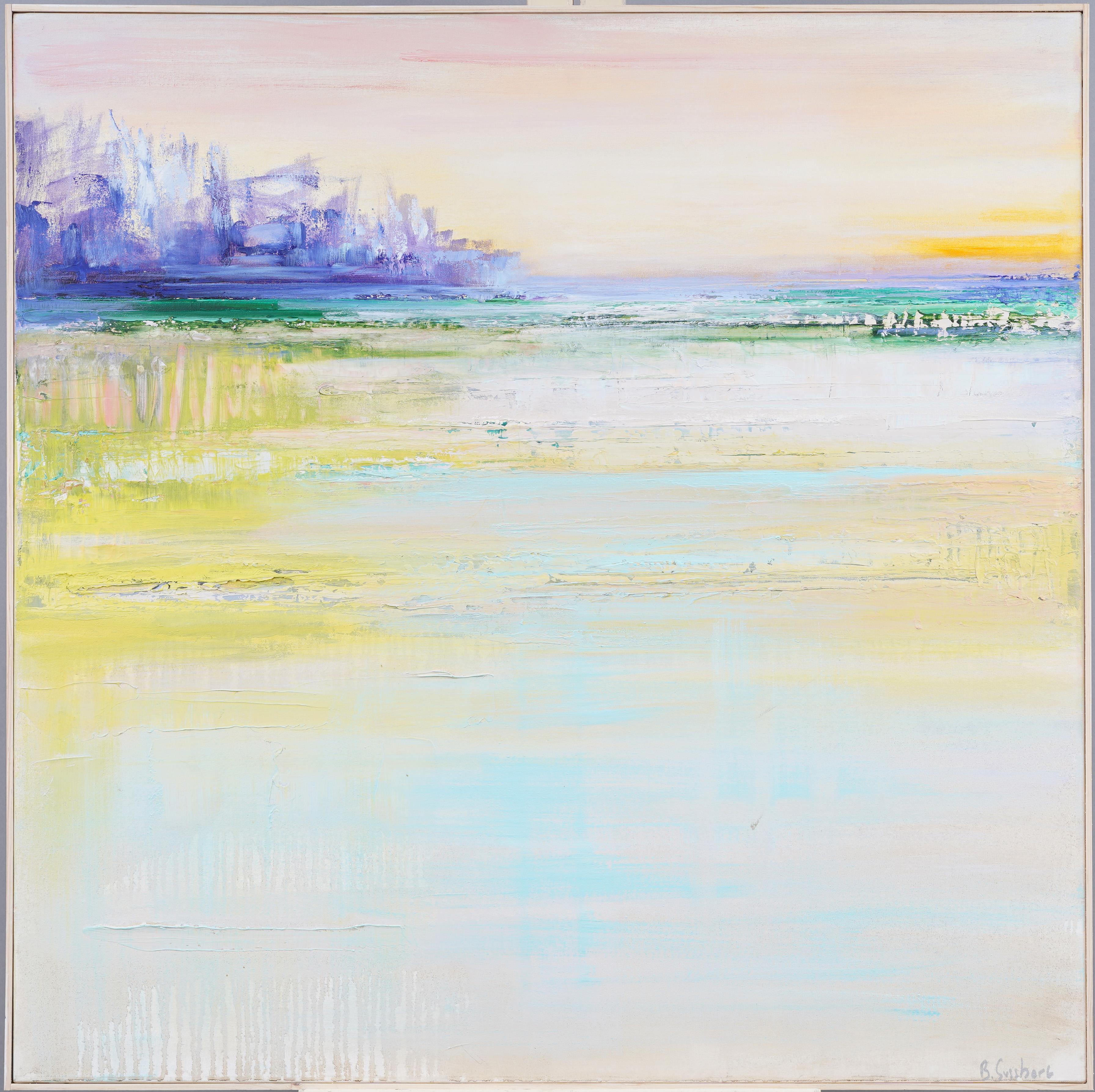 Sonnenuntergang in der Mecox Bay Signierte Hamptons Long Island Strandszene Großes Ölgemälde – Painting von Barbara J. Sussman