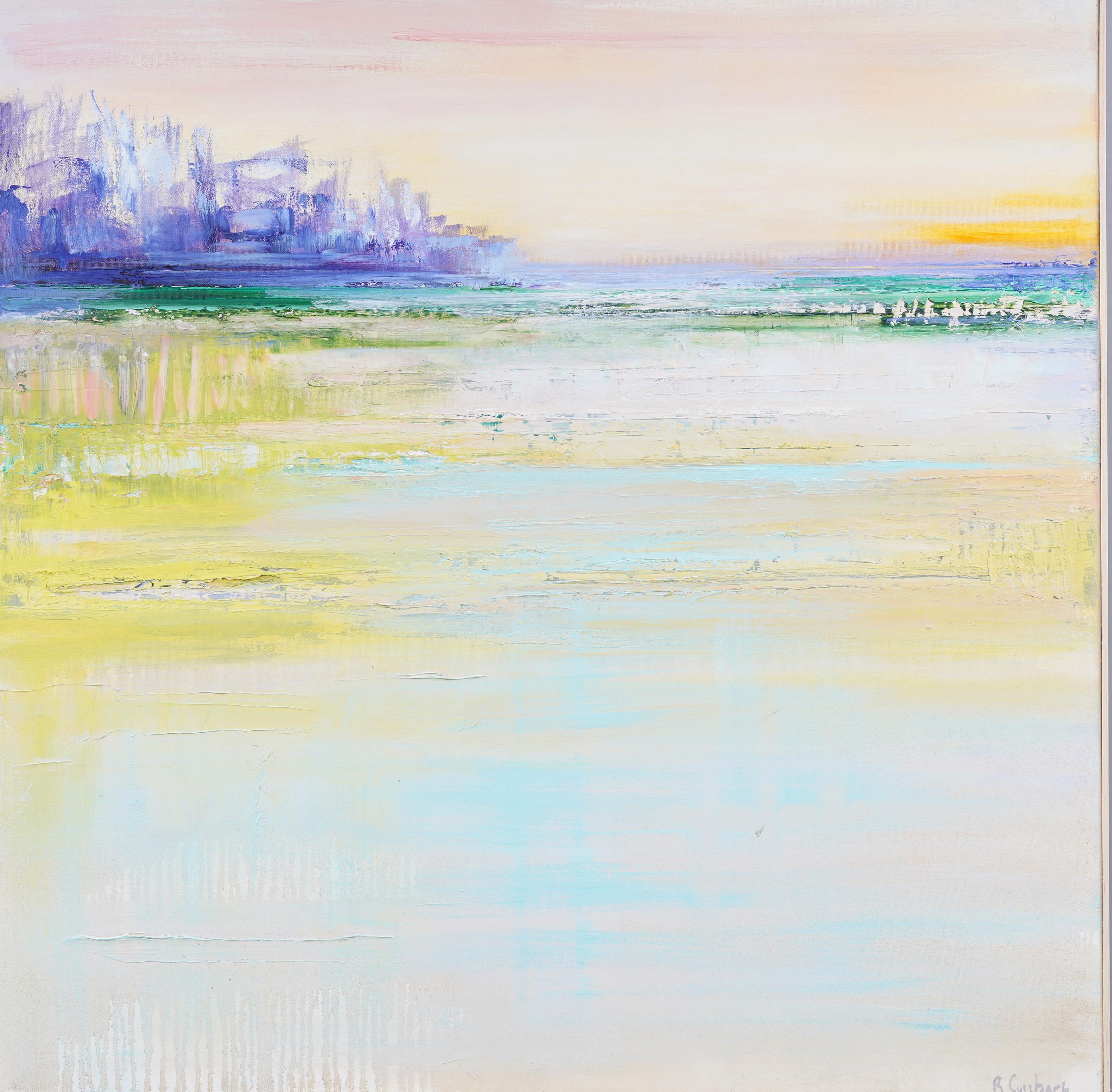 Coucher de soleil dans la baie de Hamptons Bay Signé Hamptons Long Island Beach Scene Grande peinture à l'huile - Moderne Painting par Barbara J. Sussman