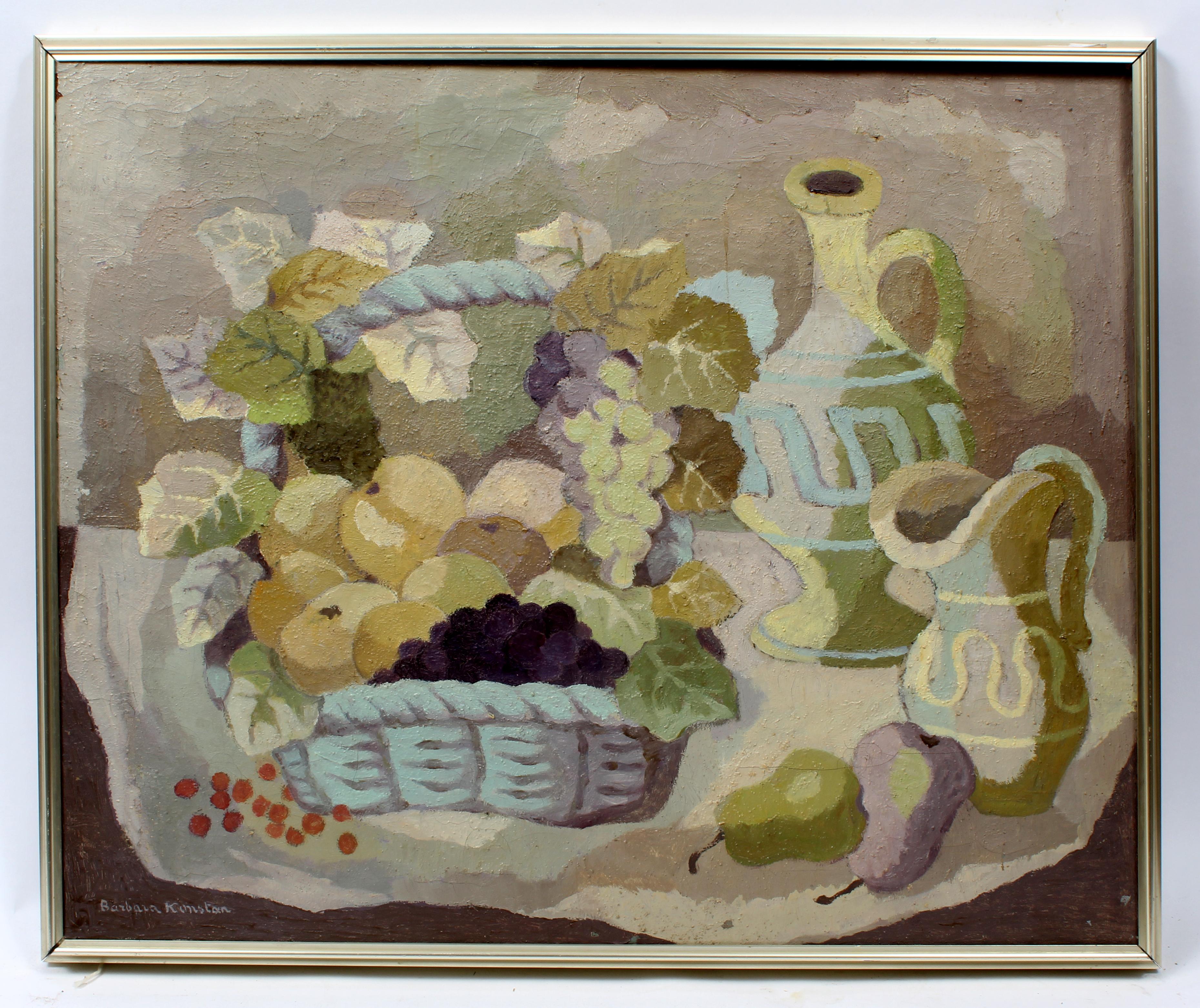 Barbara Konstan Still-Life Painting - Mid-Century Abstract Still Life Grapes Wine Purple Green Framed Oil Painting 