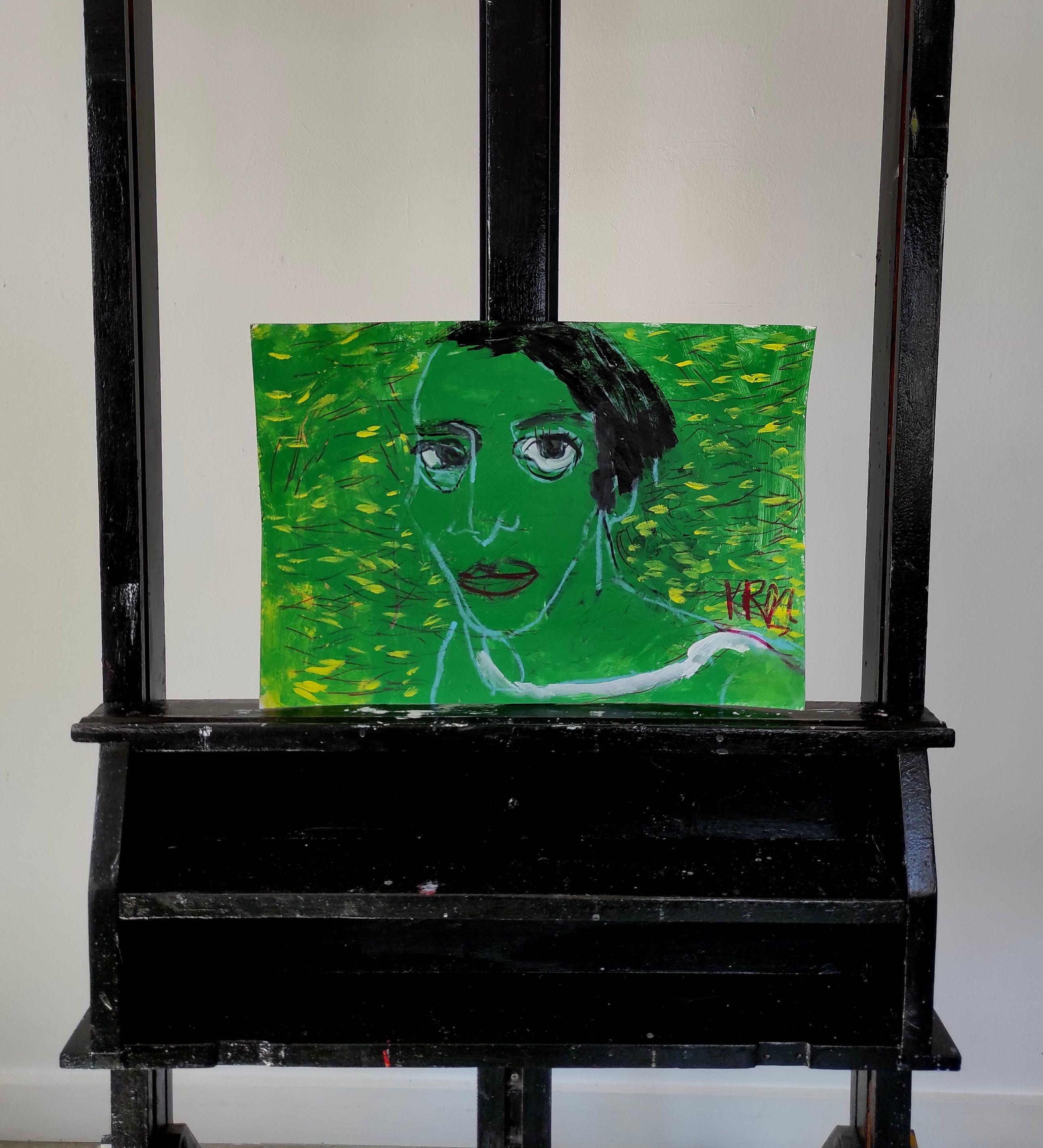 Grünes Porträt, Mischtechnik auf Papier (Expressionismus), Mixed Media Art, von Barbara Kroll