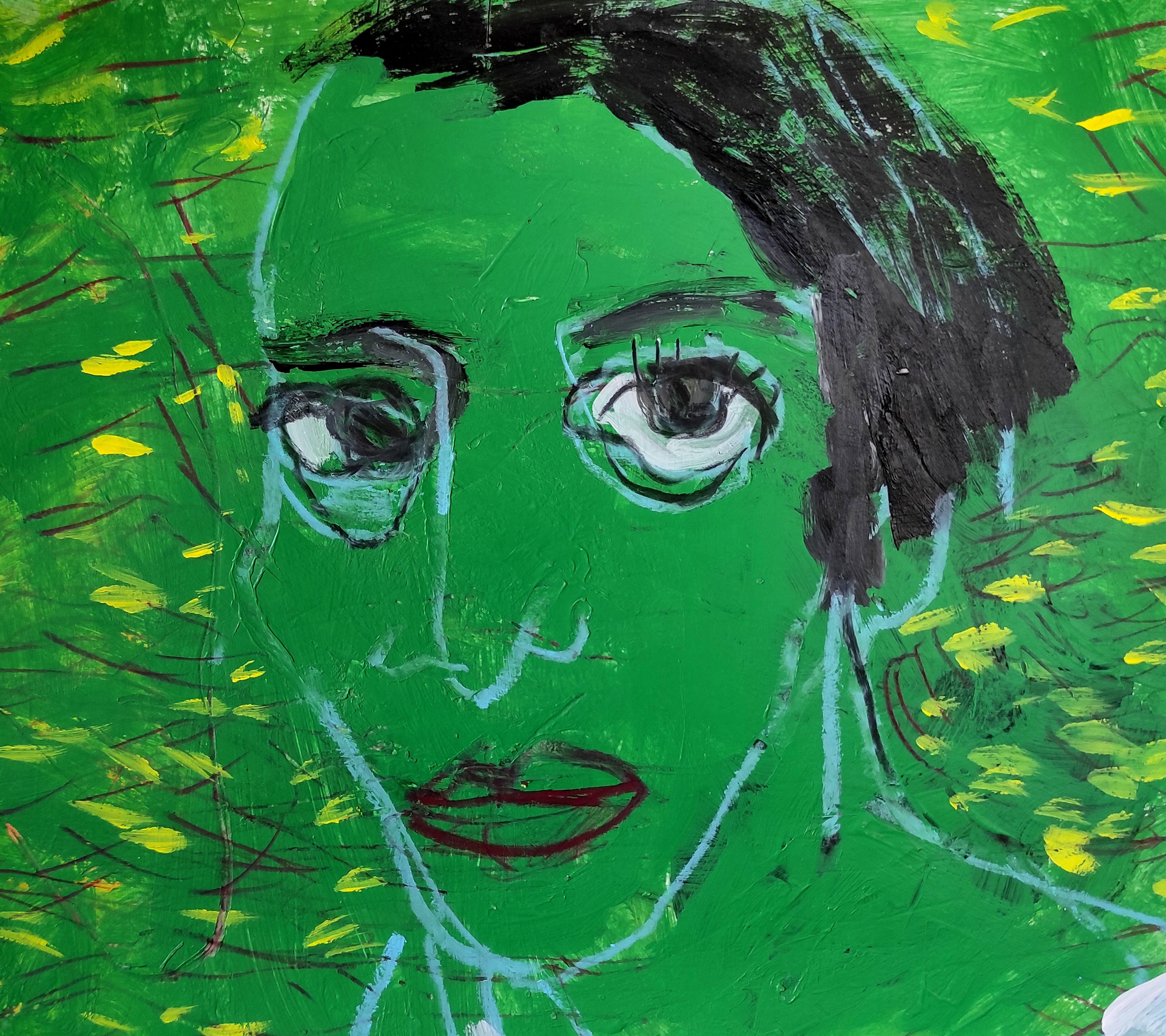 Green portrait, Mixed Media on Paper - Expressionist Mixed Media Art by Barbara Kroll