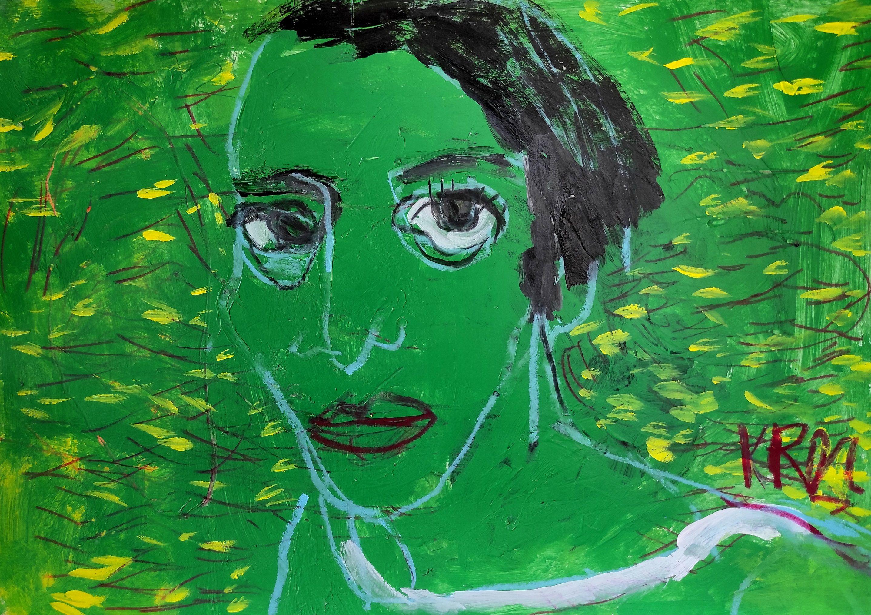 Grünes Porträt, Mischtechnik auf Papier – Mixed Media Art von Barbara Kroll