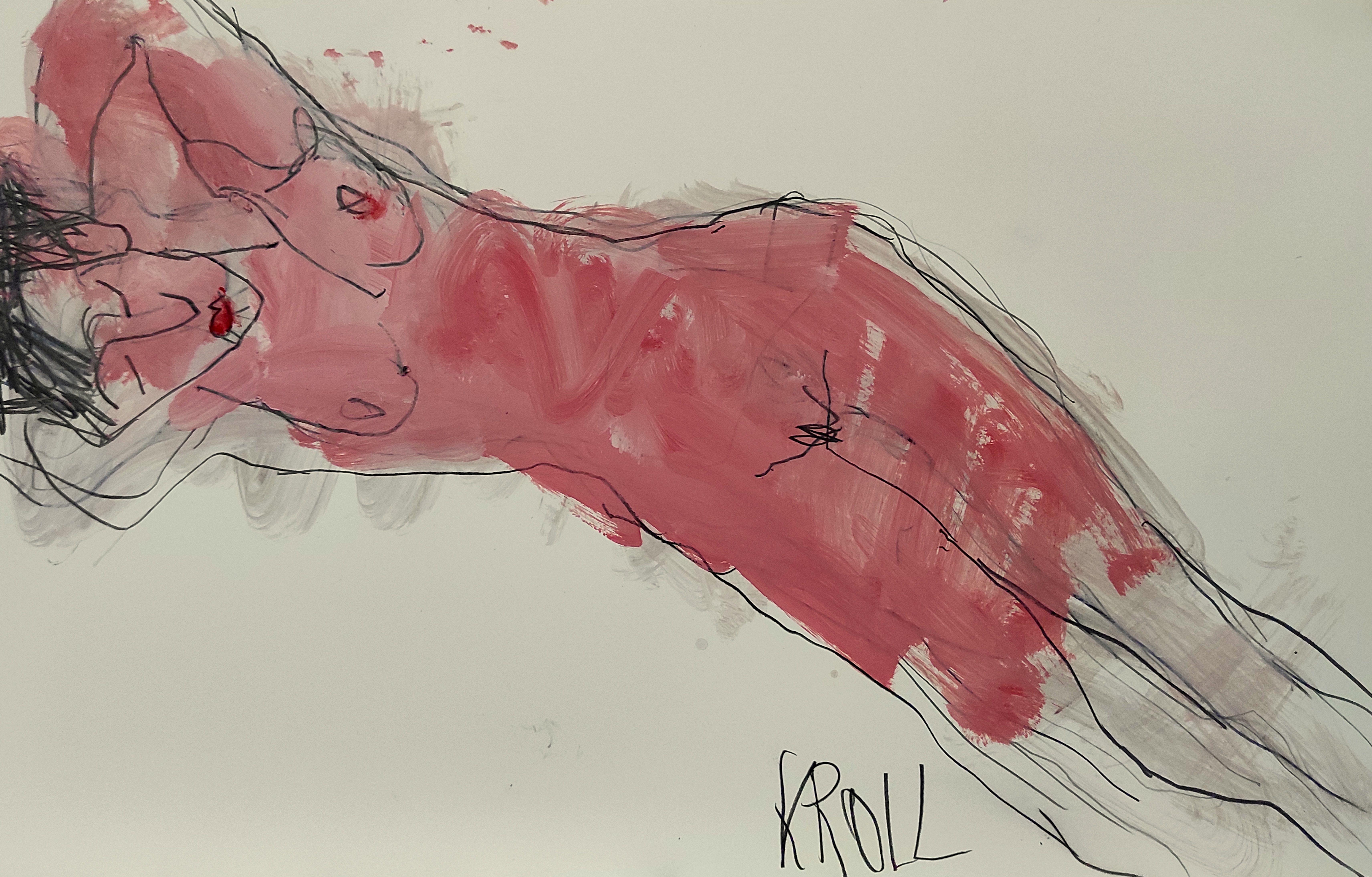 Nudo femminile sdraiato, tecnica mista su carta - Mixed Media Art di Barbara Kroll