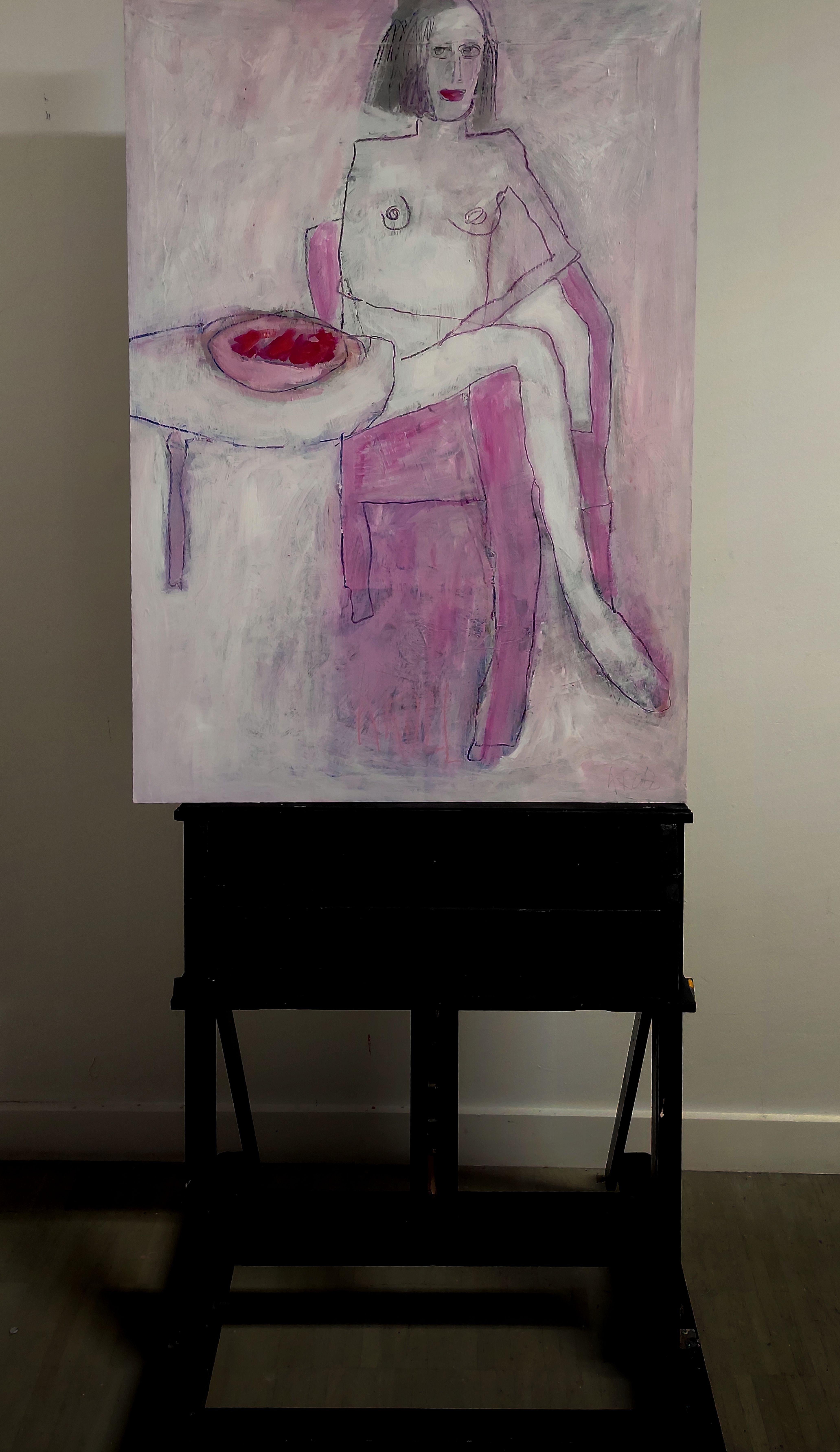nudes with raspberries, Mixed Media on Paper - Expressionist Mixed Media Art by Barbara Kroll