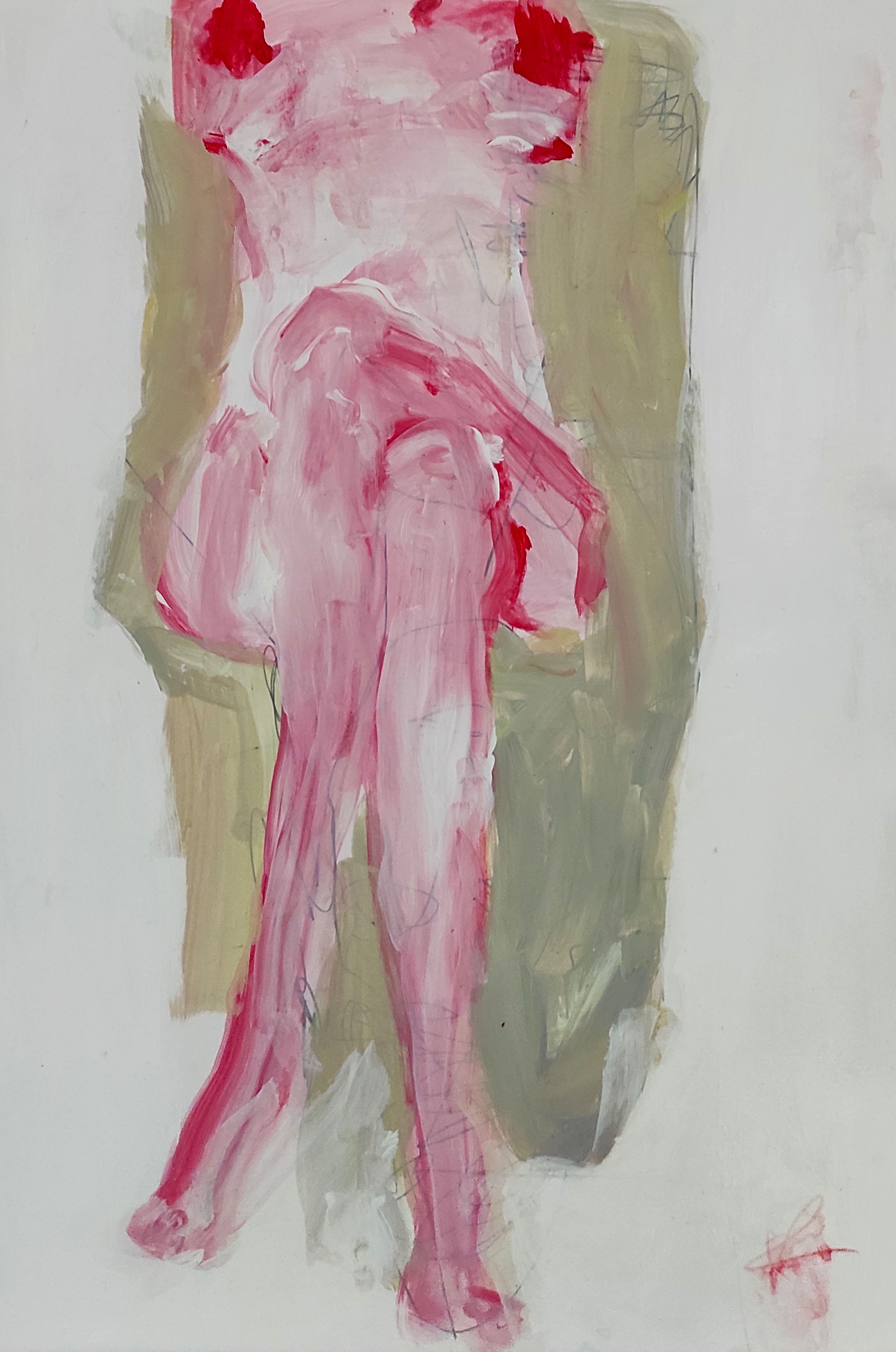 Sitting female nude in red, Mixed Media on Paper - Mixed Media Art by Barbara Kroll
