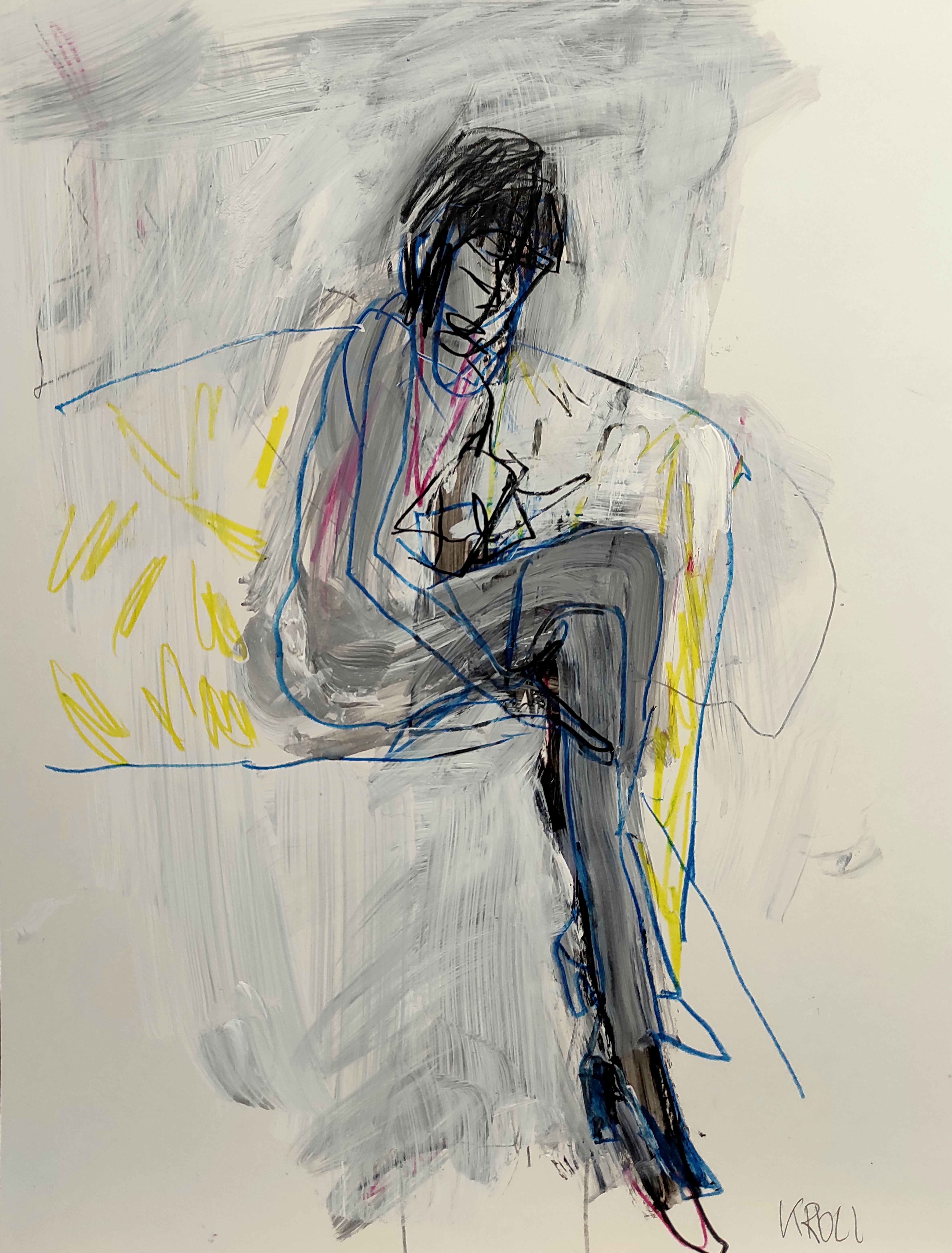 Sitting girl, Mixed Media on Paper - Mixed Media Art by Barbara Kroll