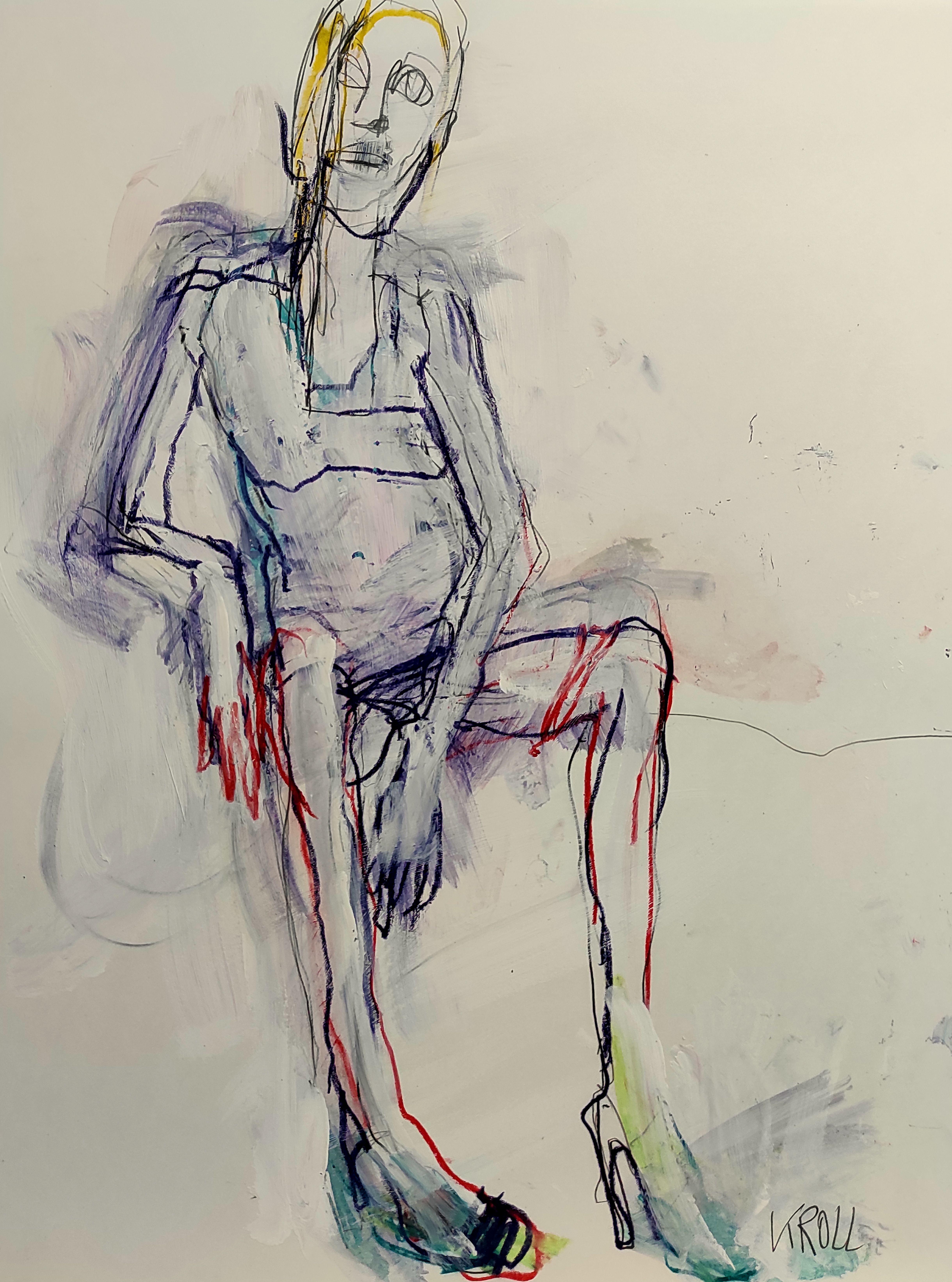 Sitting woman V, Mixed Media on Paper - Mixed Media Art by Barbara Kroll