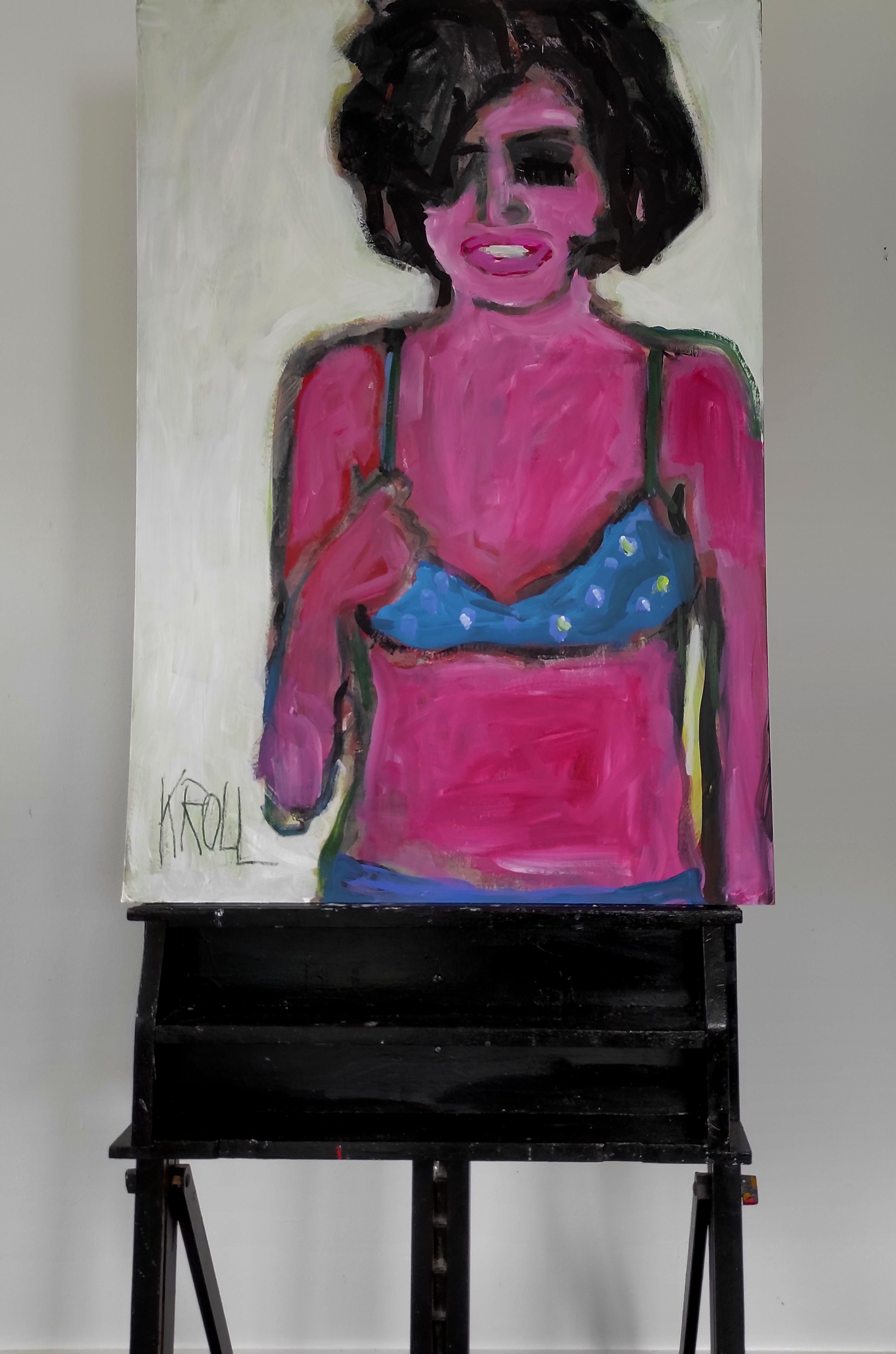 A woman in a blue swimsuit, Painting, Acrylic on Paper For Sale 1