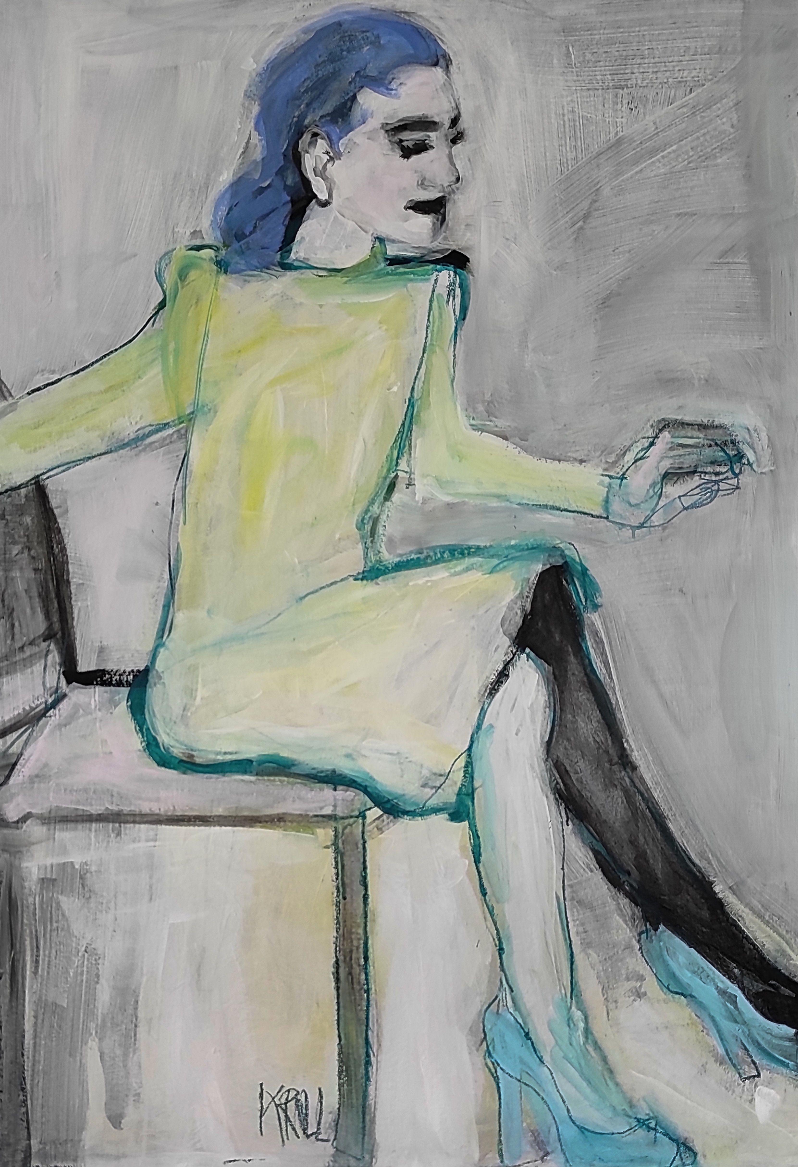 Blaue Slippern, Gemälde, Acryl auf Papier – Painting von Barbara Kroll