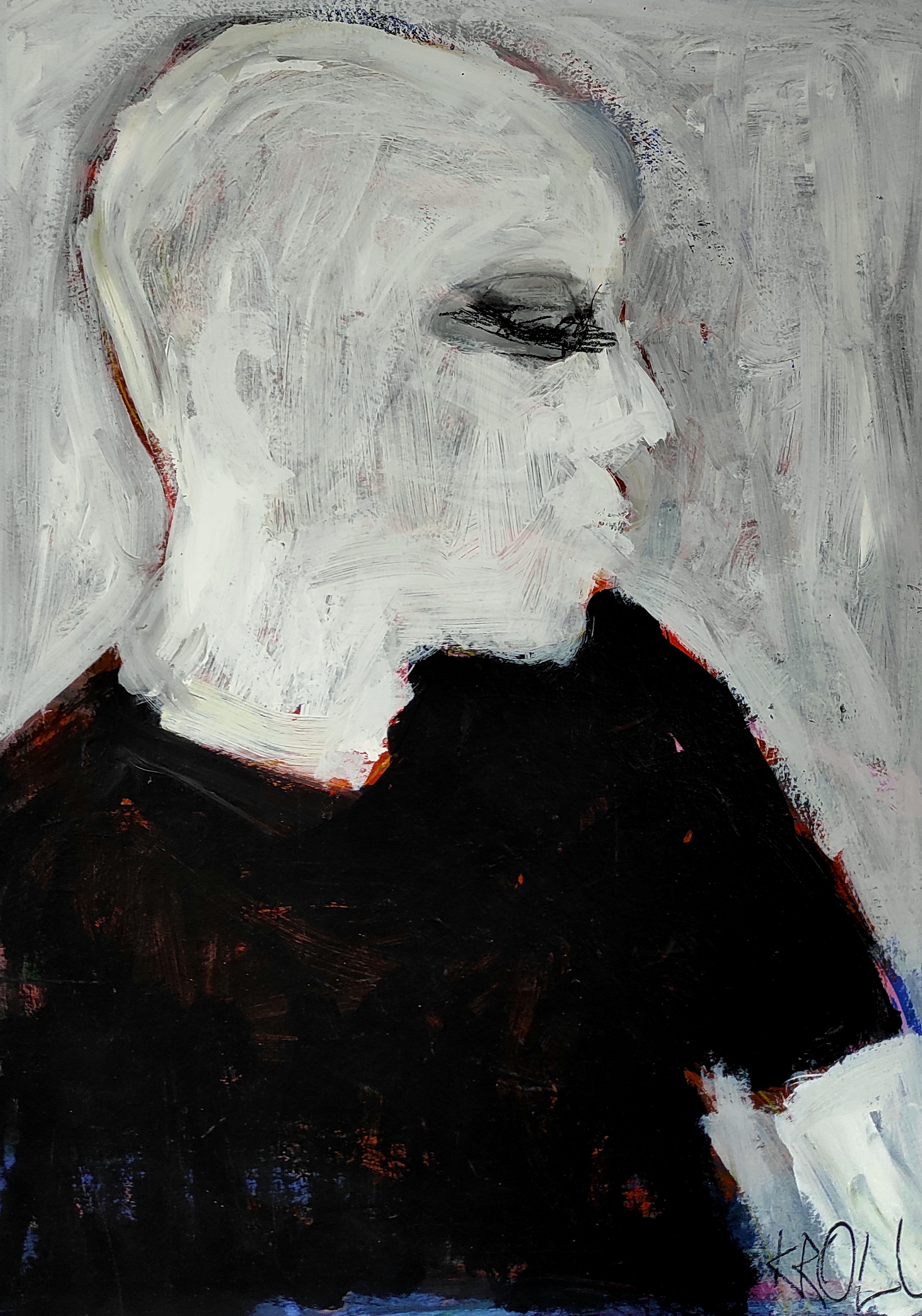 Barbara Kroll Figurative Painting - Boy in black shirt, Painting, Acrylic on Paper
