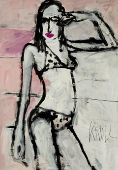 Jeune fille au bikini, peinture, acrylique sur papier