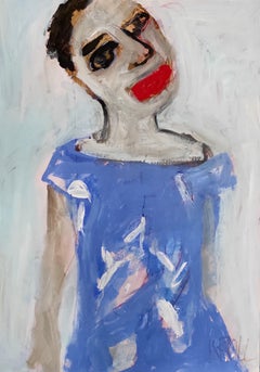 Fille en robe bleue, peinture, acrylique sur papier