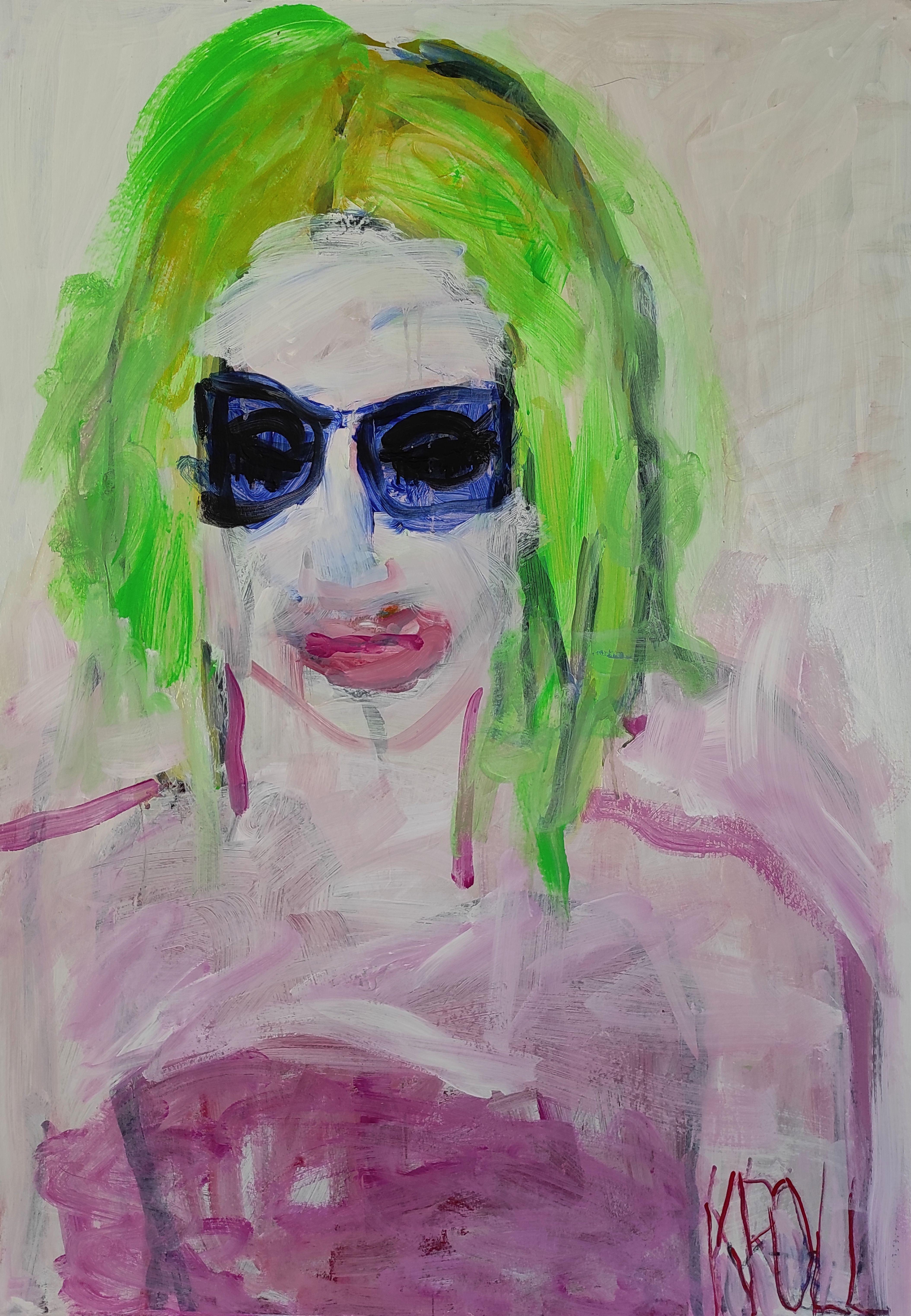 Barbara Kroll Figurative Painting - Girl in blue sunglasses, Painting, Acrylic on Other