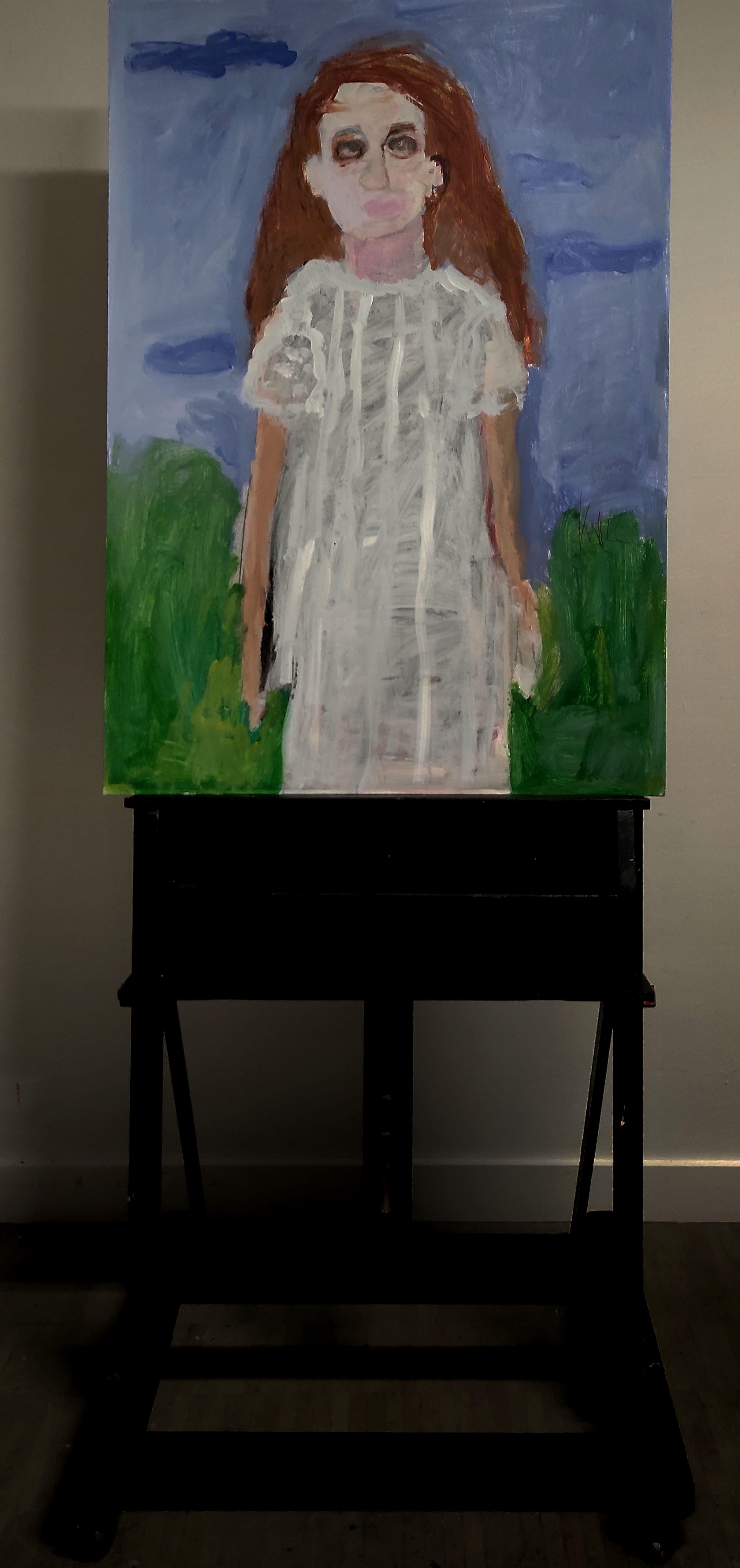 Girl in white dress, Painting, Acrylic on Paper For Sale 1