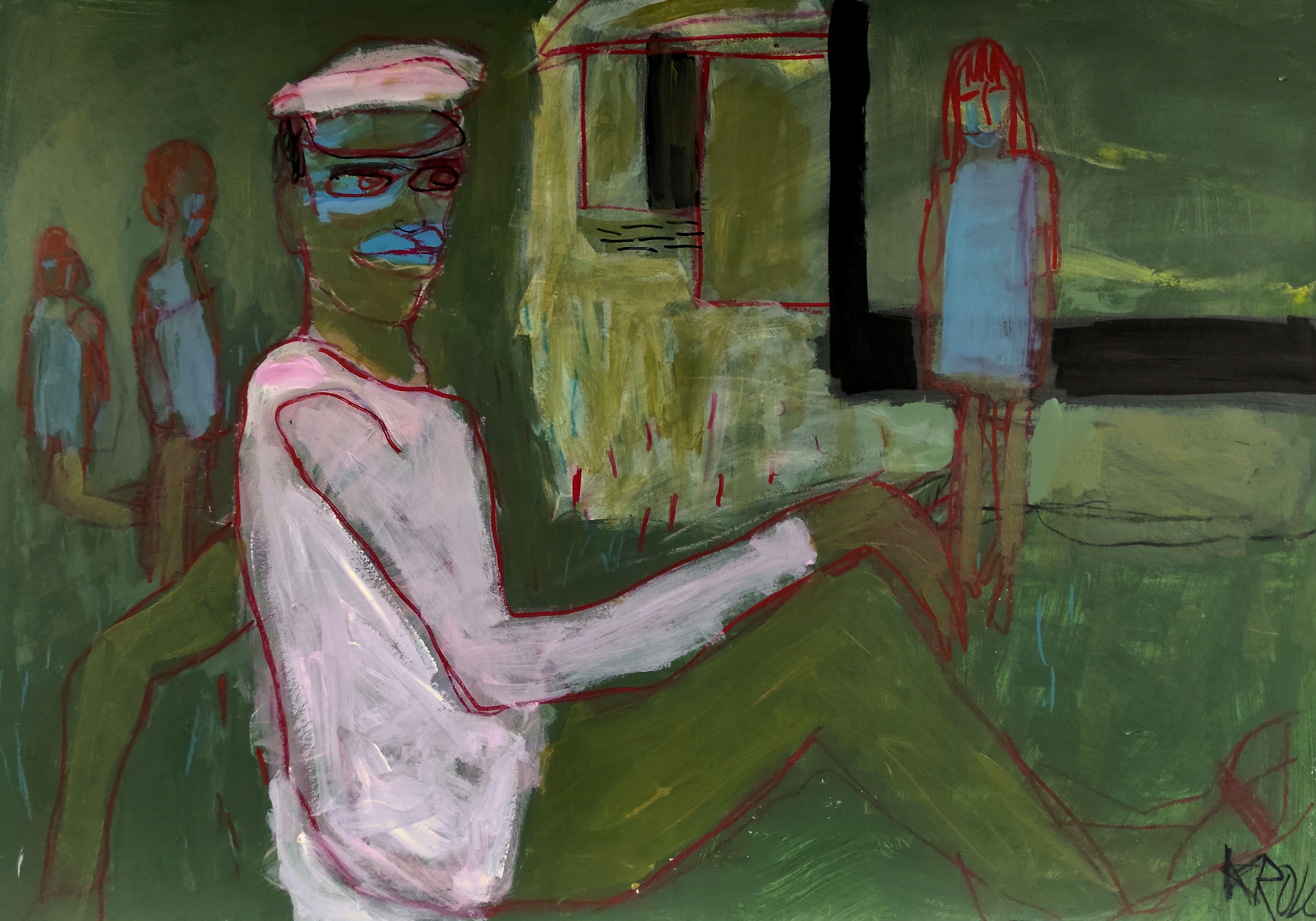 Barbara Kroll Figurative Painting – Gemälde in Grün, Acryl auf Papier