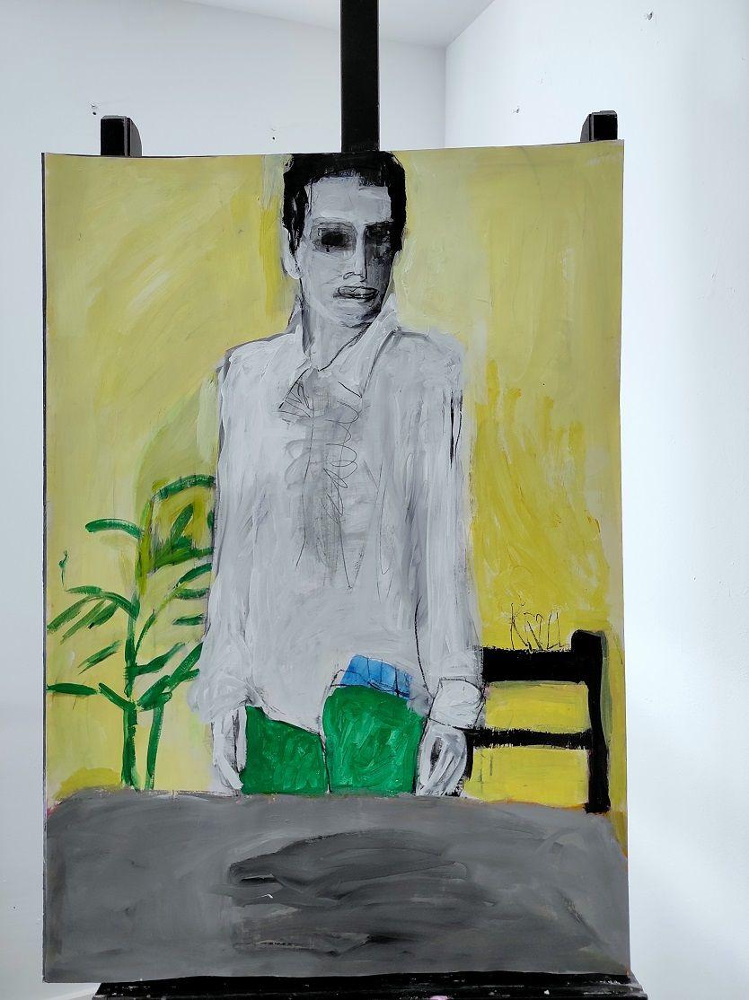 Man in white shirt, Painting, Acrylic on Paper For Sale 1