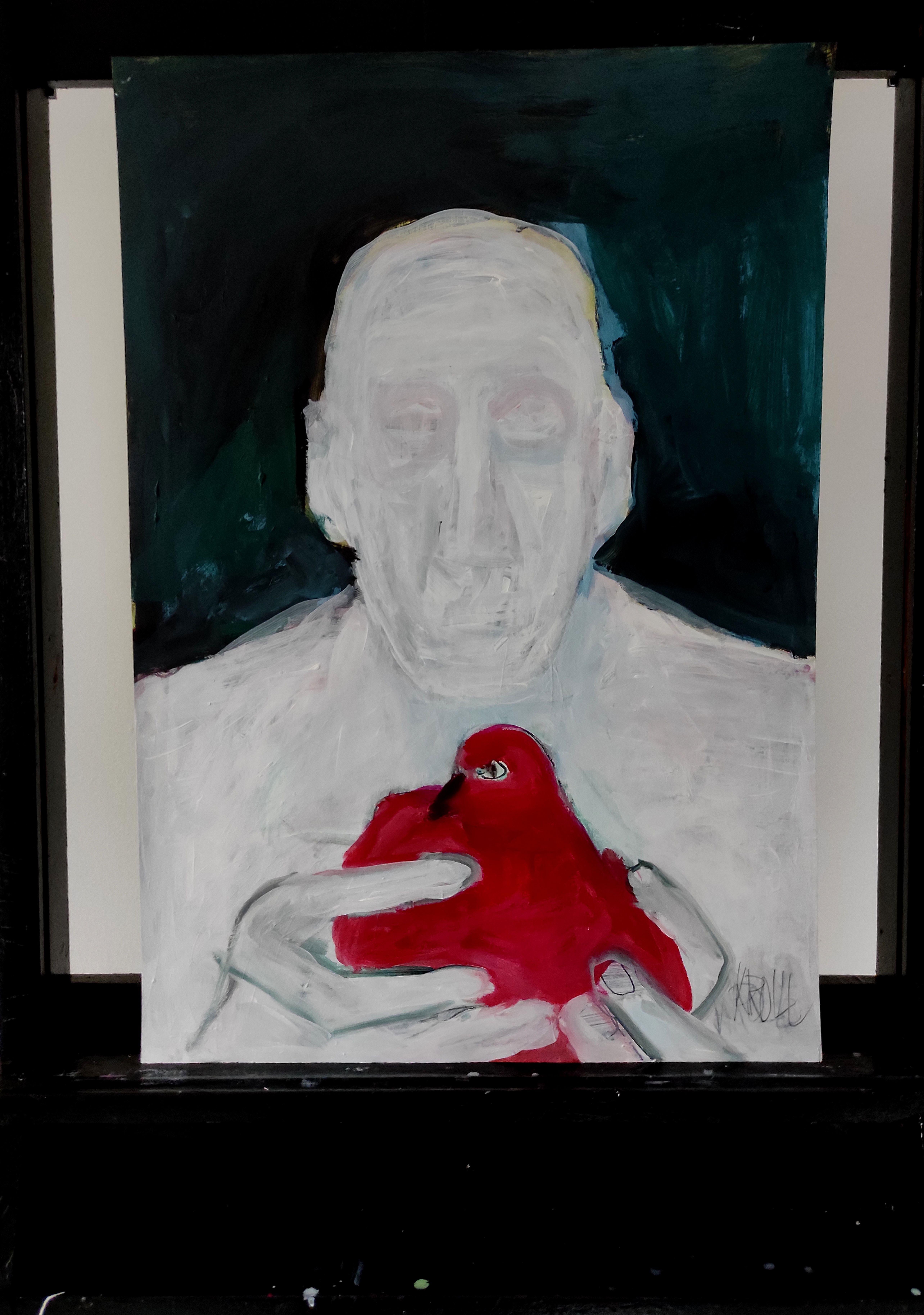 Homme avec  oiseau, peinture, acrylique sur papier - Expressionniste Painting par Barbara Kroll