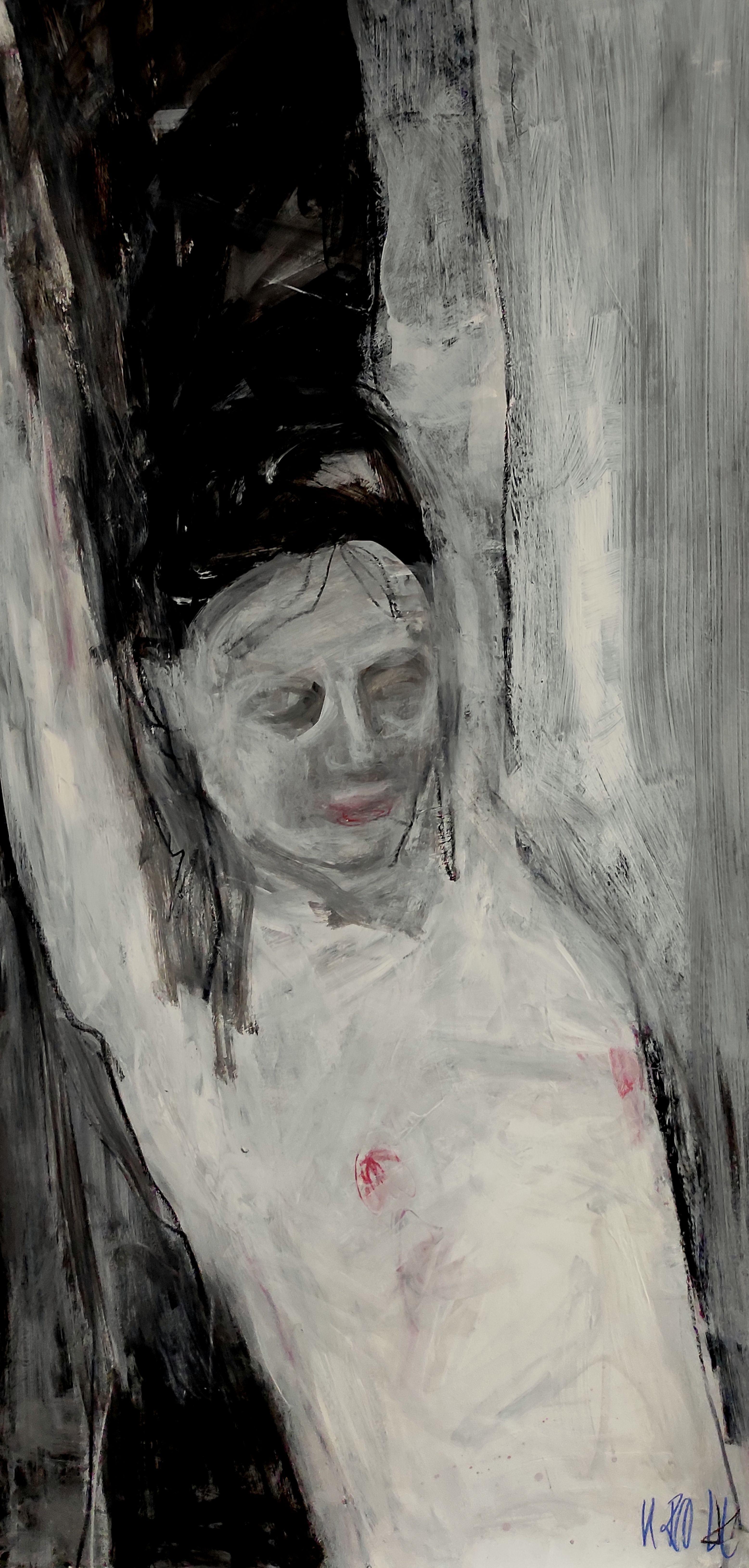 Nackt mit schwarzem Haar, Gemälde, Acryl auf Papier – Painting von Barbara Kroll
