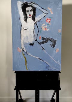 Peinture d'un nu avec chat, acrylique sur papier