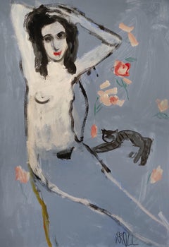 Nude with cat, Painting, Acrylic on Paper