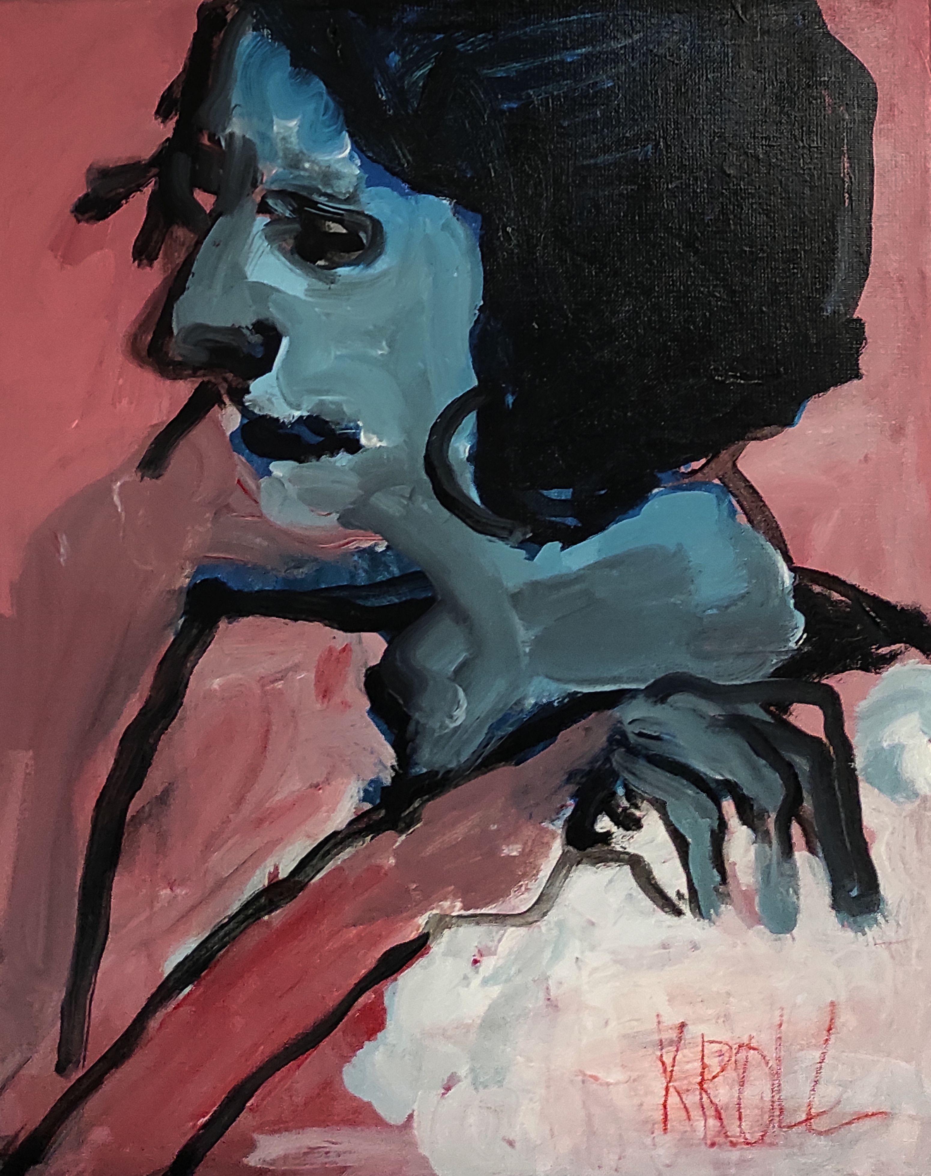 Porträt mit Hand auf Kinn, Gemälde, Acryl auf Leinwand – Painting von Barbara Kroll