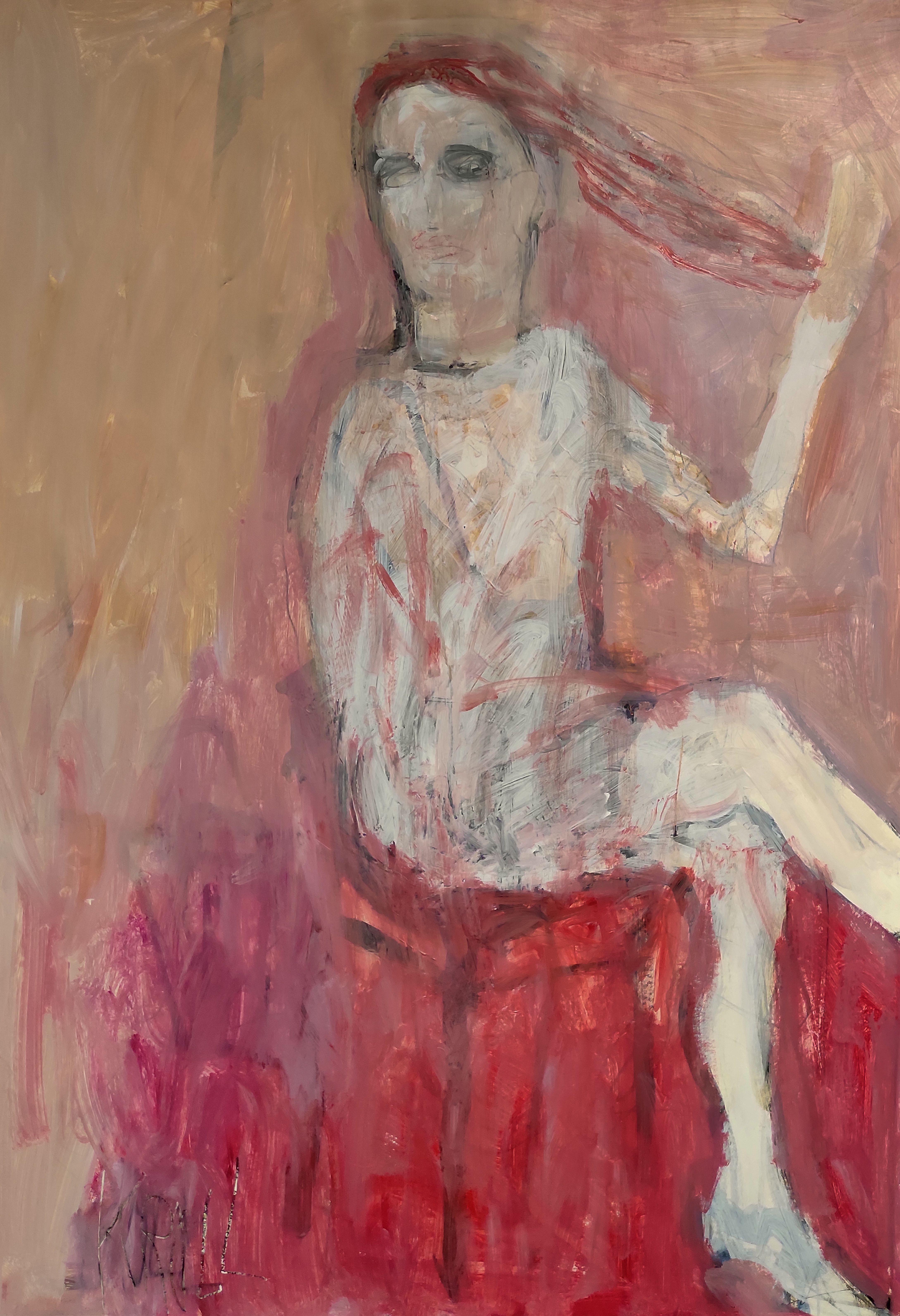 Femme assise aux cheveux longs, peinture, acrylique sur autre - Painting de Barbara Kroll