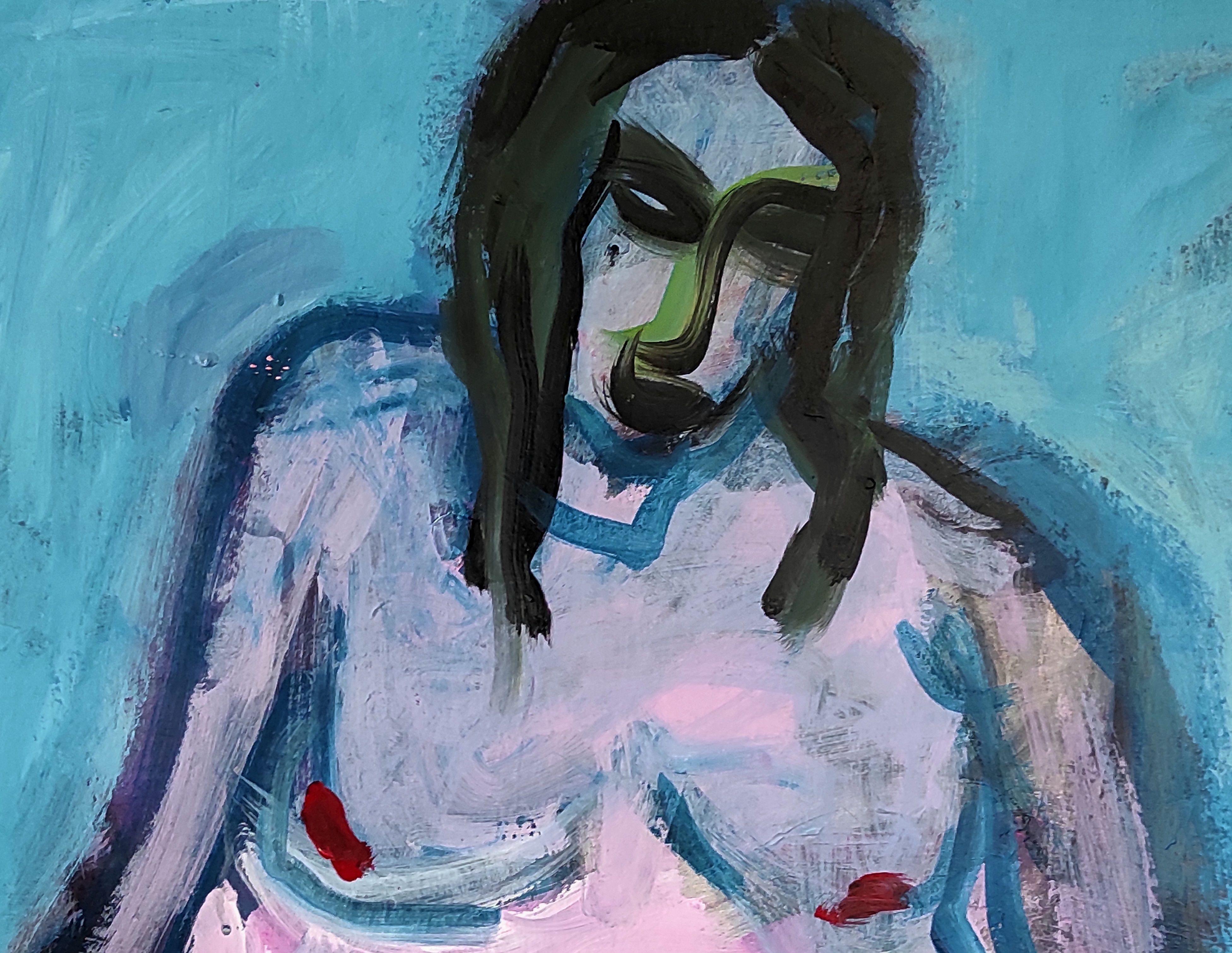 Sitting nude with a white towel, Painting, Acrylic on Paper For Sale 1