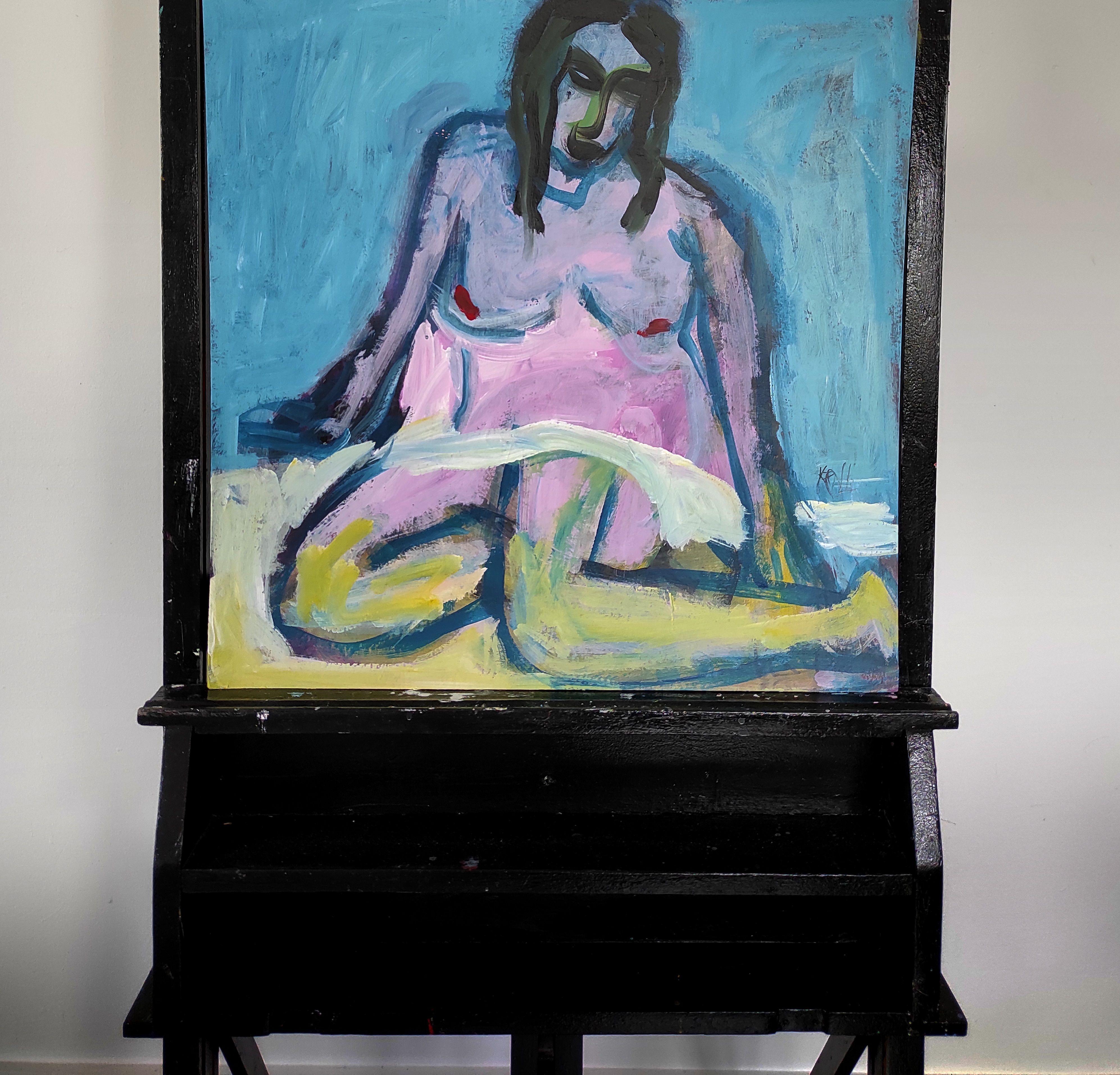 Sitting nude with a white towel, Painting, Acrylic on Paper For Sale 3