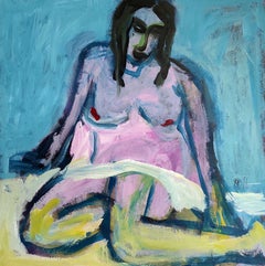 Sitting nude with a white towel, Painting, Acrylic on Paper