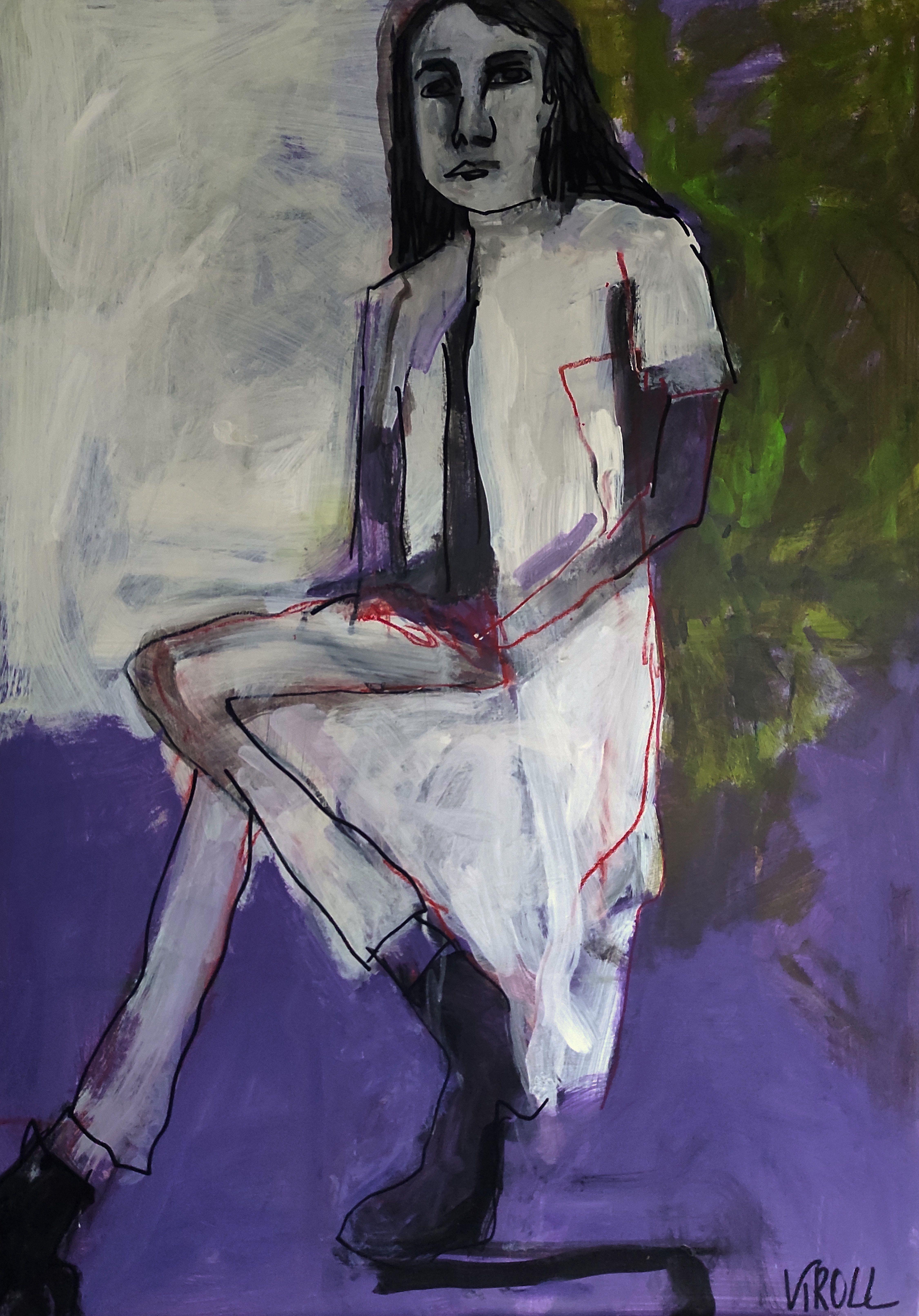 Barbara Kroll Figurative Painting - Sitting woman IV, Painting, Acrylic on Paper